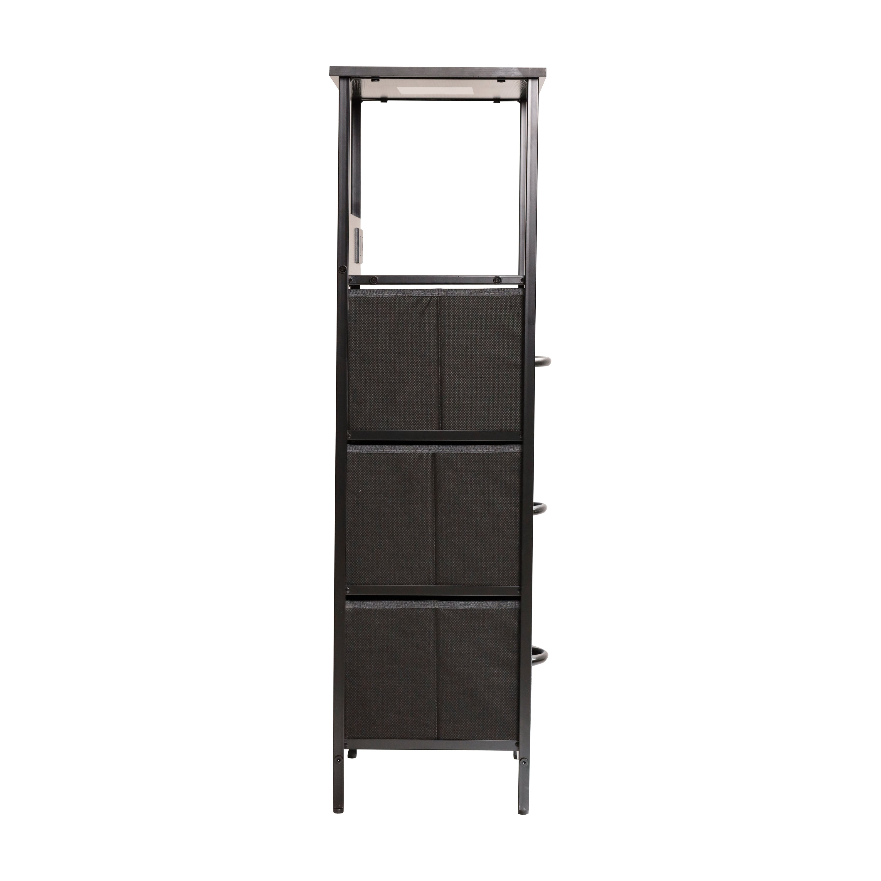 Sodano 3 Drawer Nightstand with Charging Station, 2 USB Ports, 1 Outlet, Black Metal Frame, Black Engineered Wood Top, Charcoal Drawers, Black Handles