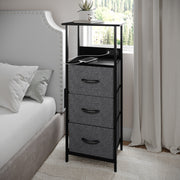 Sodano 3 Drawer Nightstand with Charging Station, 2 USB Ports, 1 Outlet, Black Metal Frame, Black Engineered Wood Top, Charcoal Drawers, Black Handles
