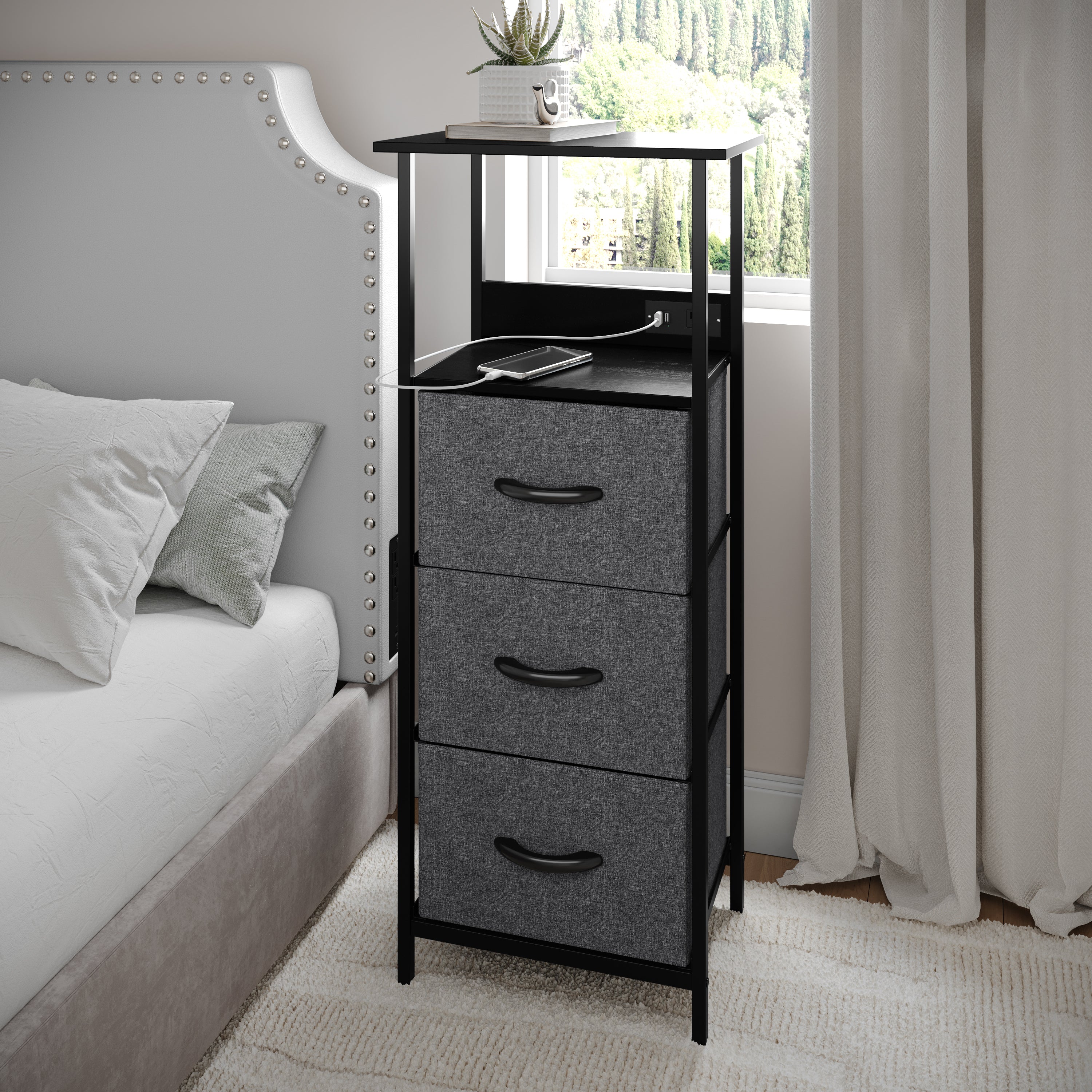 Sodano 3 Drawer Nightstand with Charging Station, 2 USB Ports, 1 Outlet, Black Metal Frame, Black Engineered Wood Top, Charcoal Drawers, Black Handles
