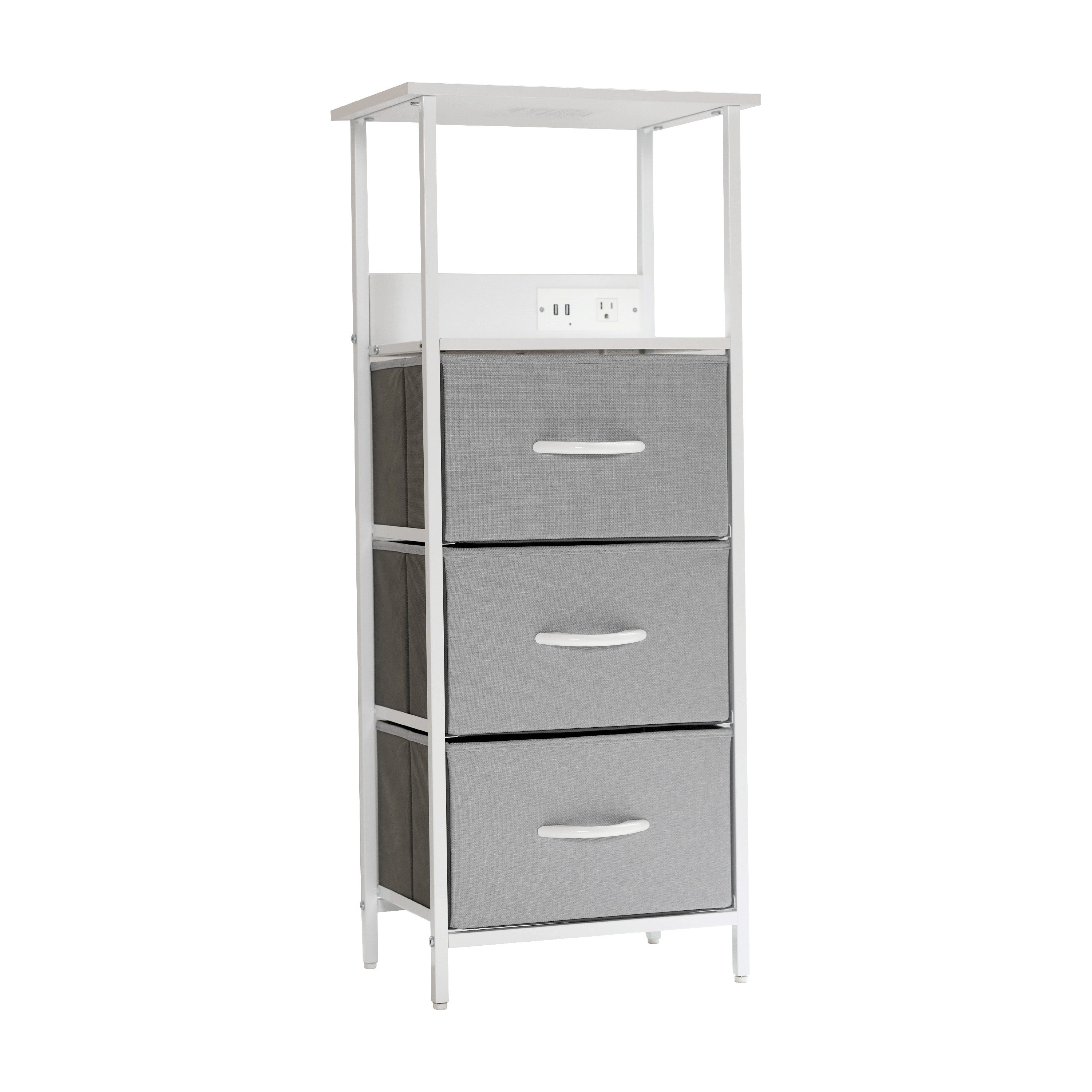 Sodano 3 Drawer Nightstand with Charging Station, 2 USB Ports, 1 Outlet, White Metal Frame, White Engineered Wood Top, Gray Drawers, White Handles