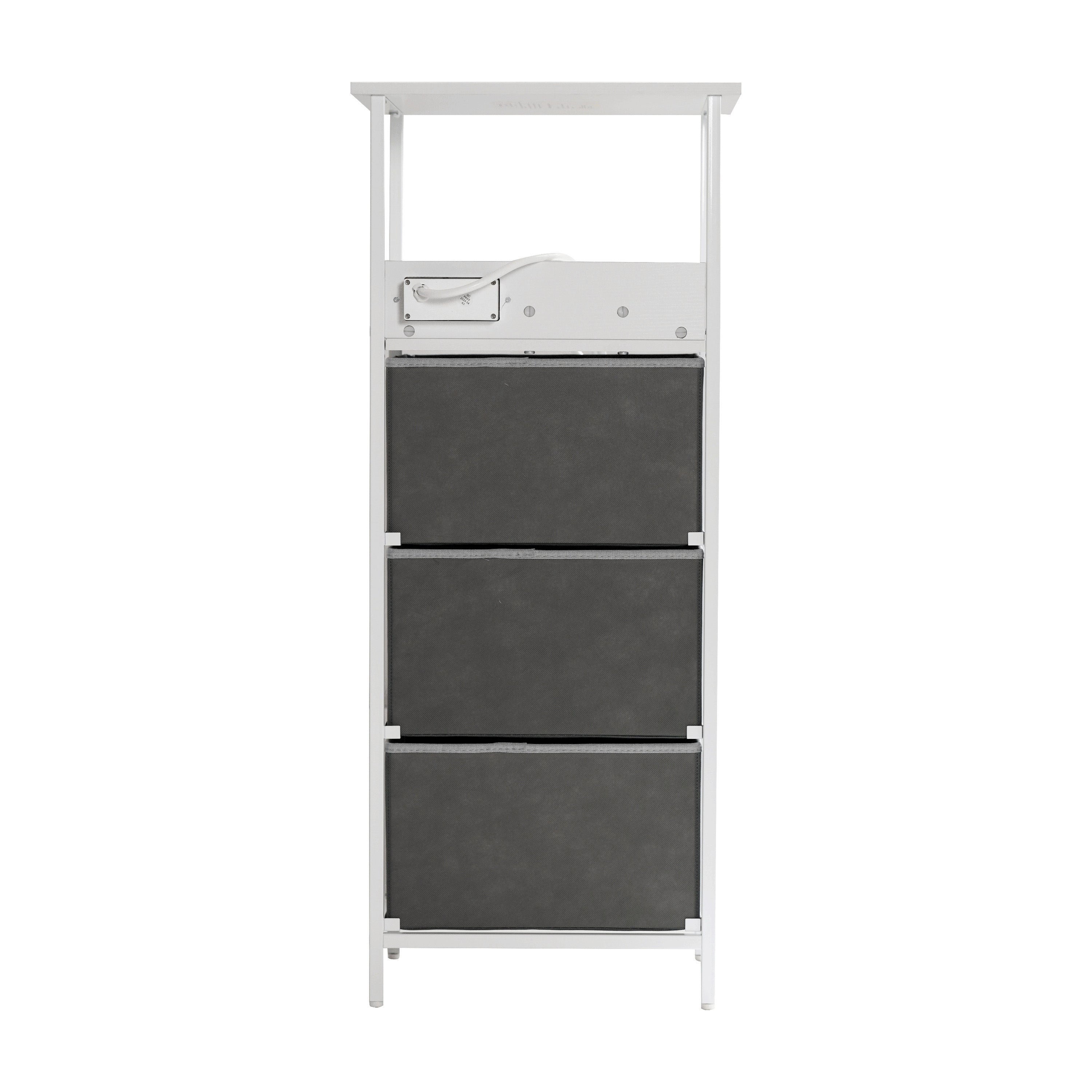 Sodano 3 Drawer Nightstand with Charging Station, 2 USB Ports, 1 Outlet, White Metal Frame, White Engineered Wood Top, Gray Drawers, White Handles