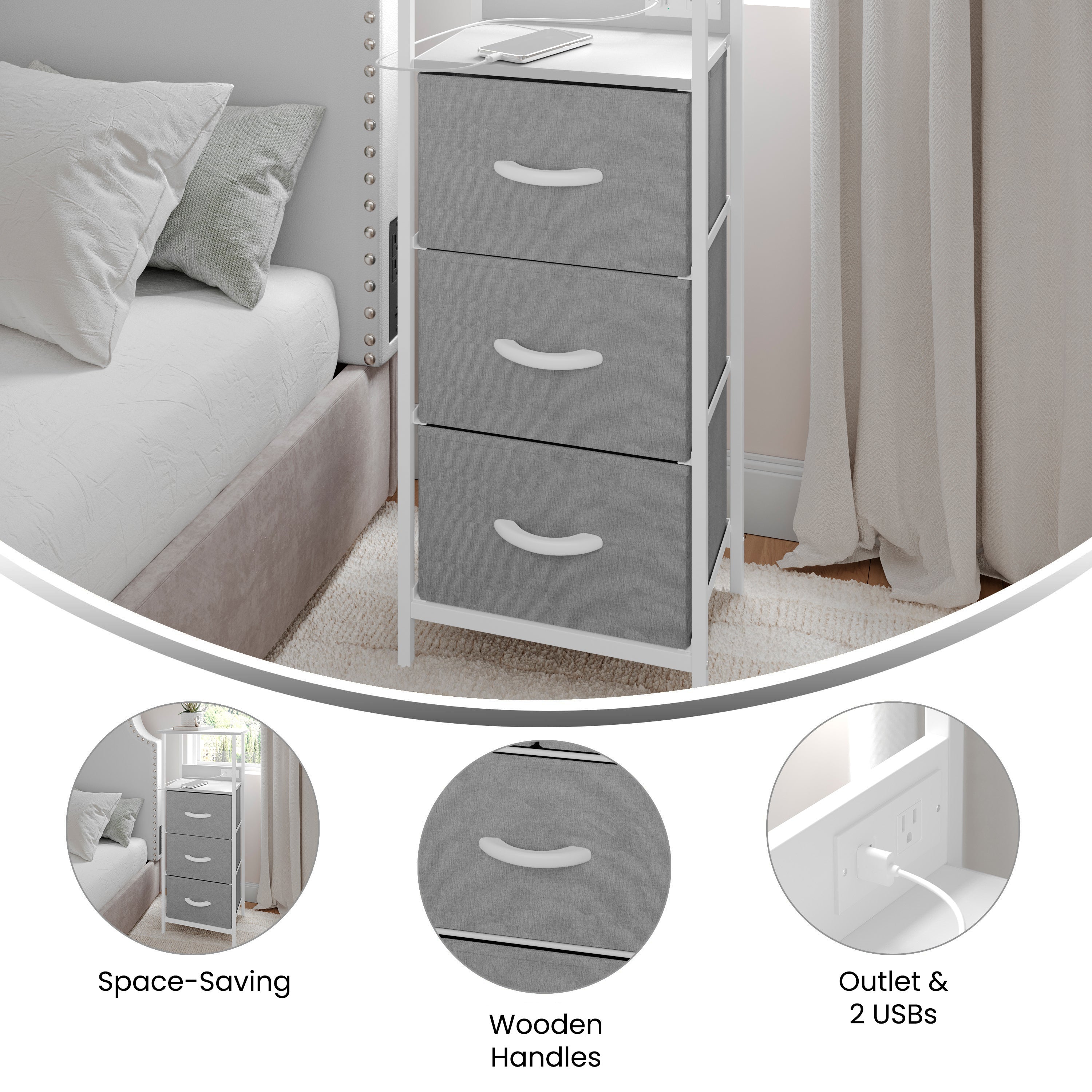 Sodano 3 Drawer Nightstand with Charging Station, 2 USB Ports, 1 Outlet, White Metal Frame, White Engineered Wood Top, Gray Drawers, White Handles