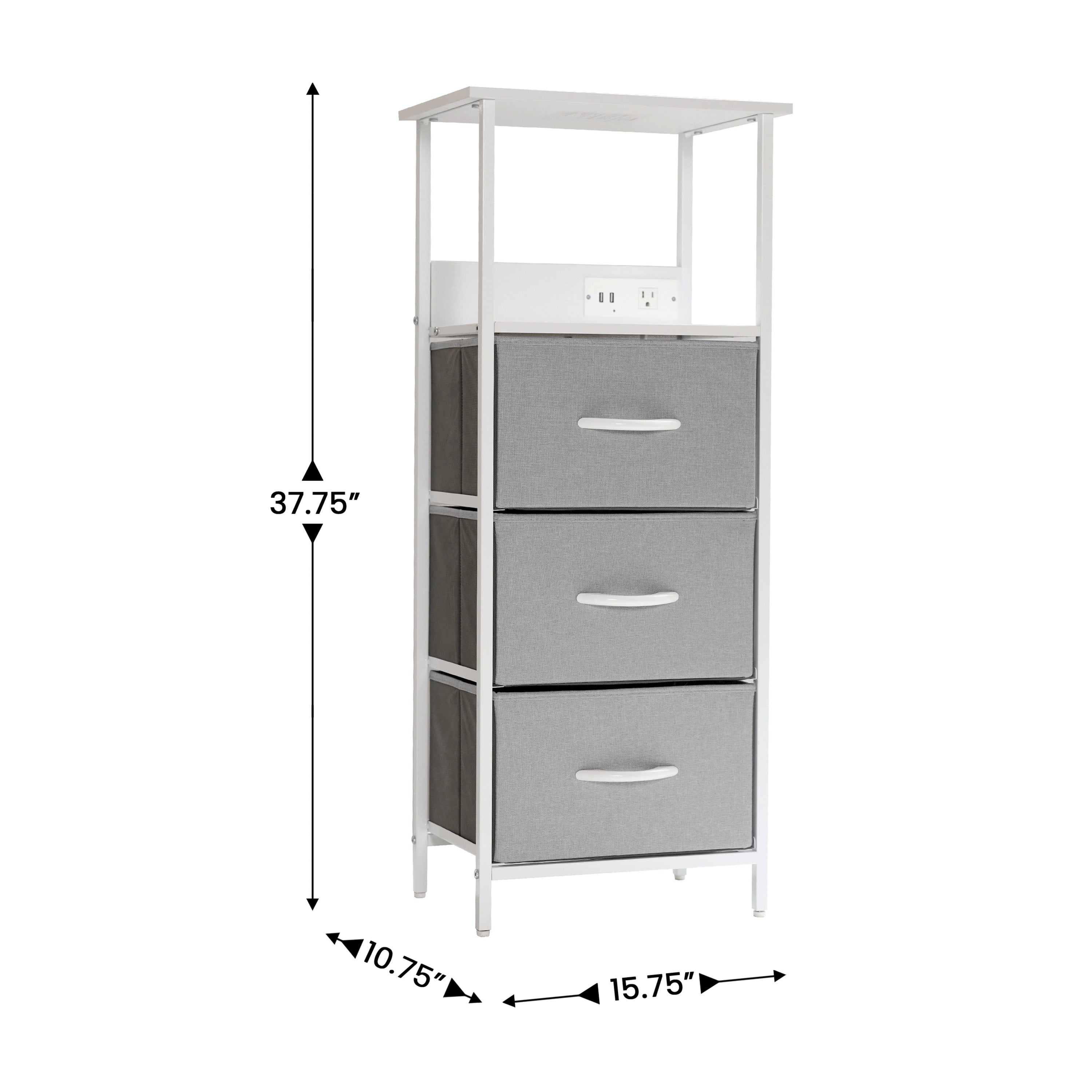 Sodano 3 Drawer Nightstand with Charging Station, 2 USB Ports, 1 Outlet, White Metal Frame, White Engineered Wood Top, Gray Drawers, White Handles