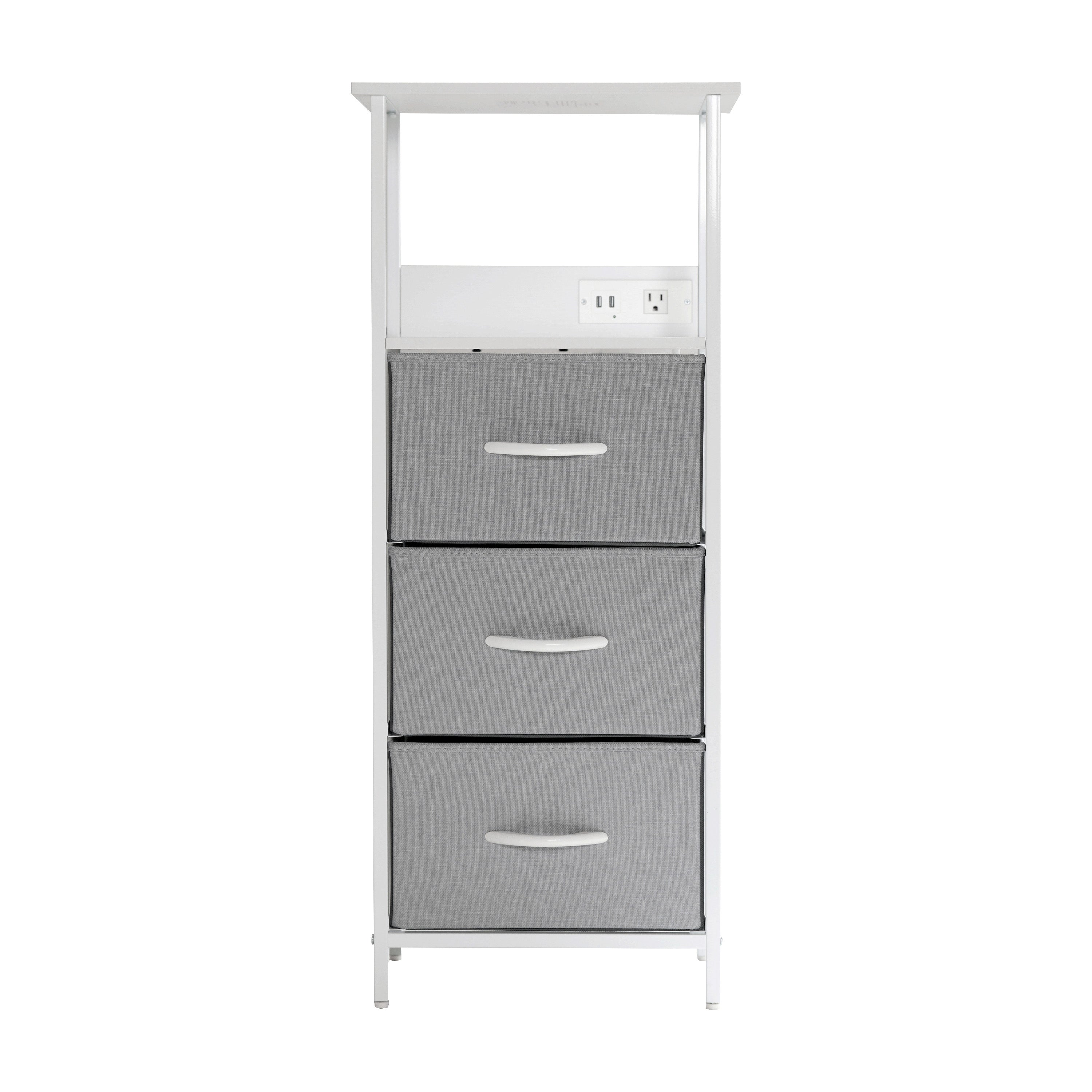 Sodano 3 Drawer Nightstand with Charging Station, 2 USB Ports, 1 Outlet, White Metal Frame, White Engineered Wood Top, Gray Drawers, White Handles