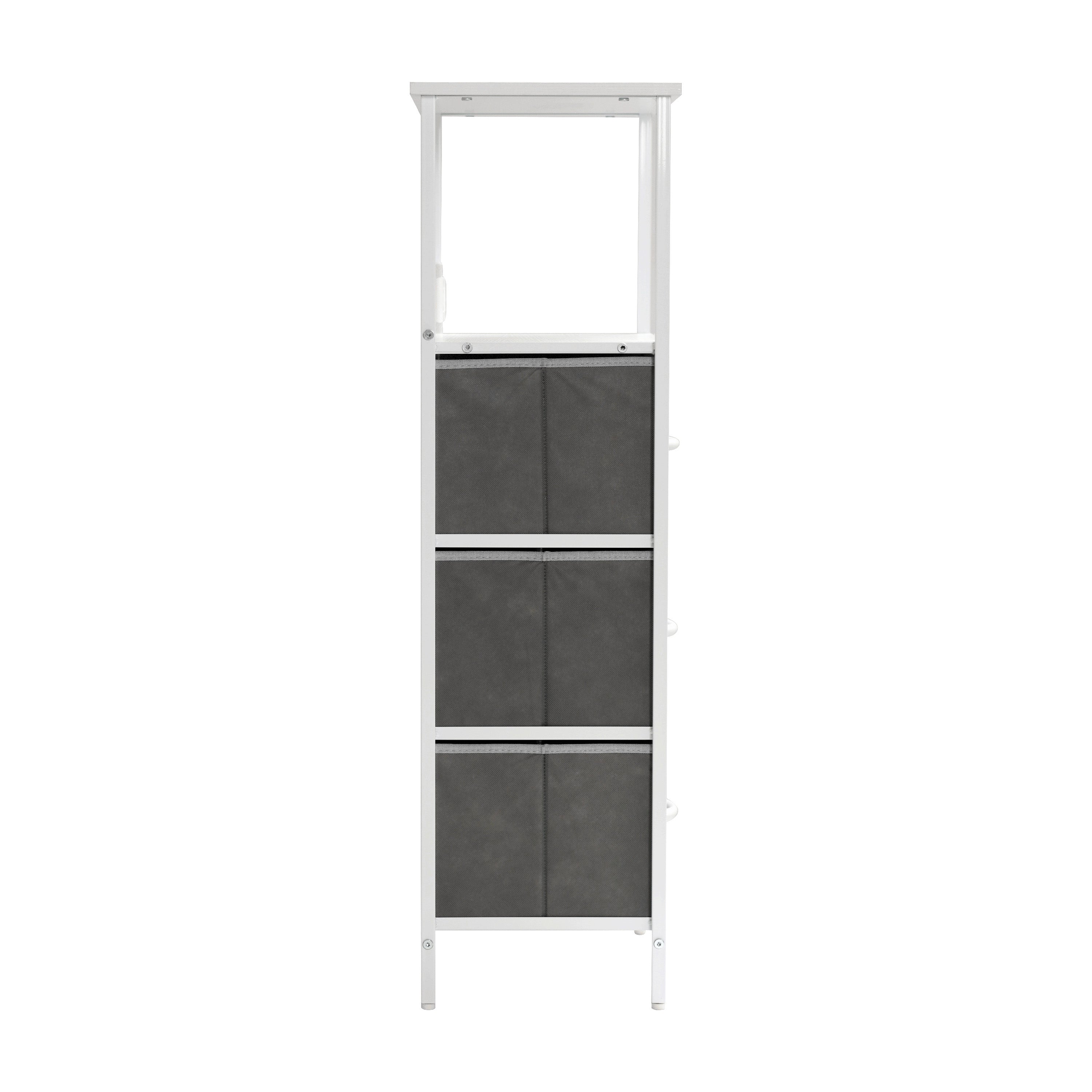 Sodano 3 Drawer Nightstand with Charging Station, 2 USB Ports, 1 Outlet, White Metal Frame, White Engineered Wood Top, Gray Drawers, White Handles