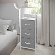 Sodano 3 Drawer Nightstand with Charging Station, 2 USB Ports, 1 Outlet, White Metal Frame, White Engineered Wood Top, Gray Drawers, White Handles