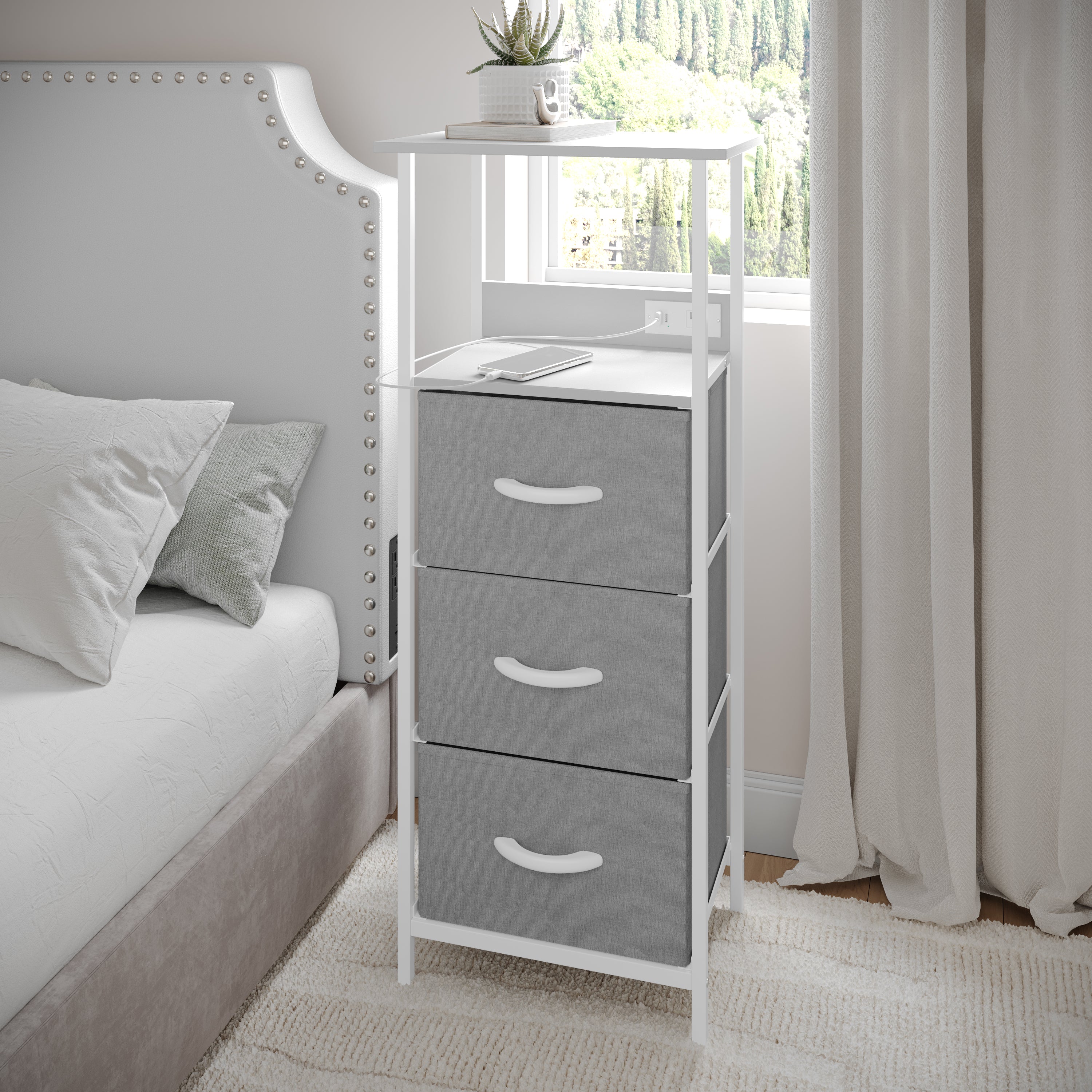 Sodano 3 Drawer Nightstand with Charging Station, 2 USB Ports, 1 Outlet, White Metal Frame, White Engineered Wood Top, Gray Drawers, White Handles