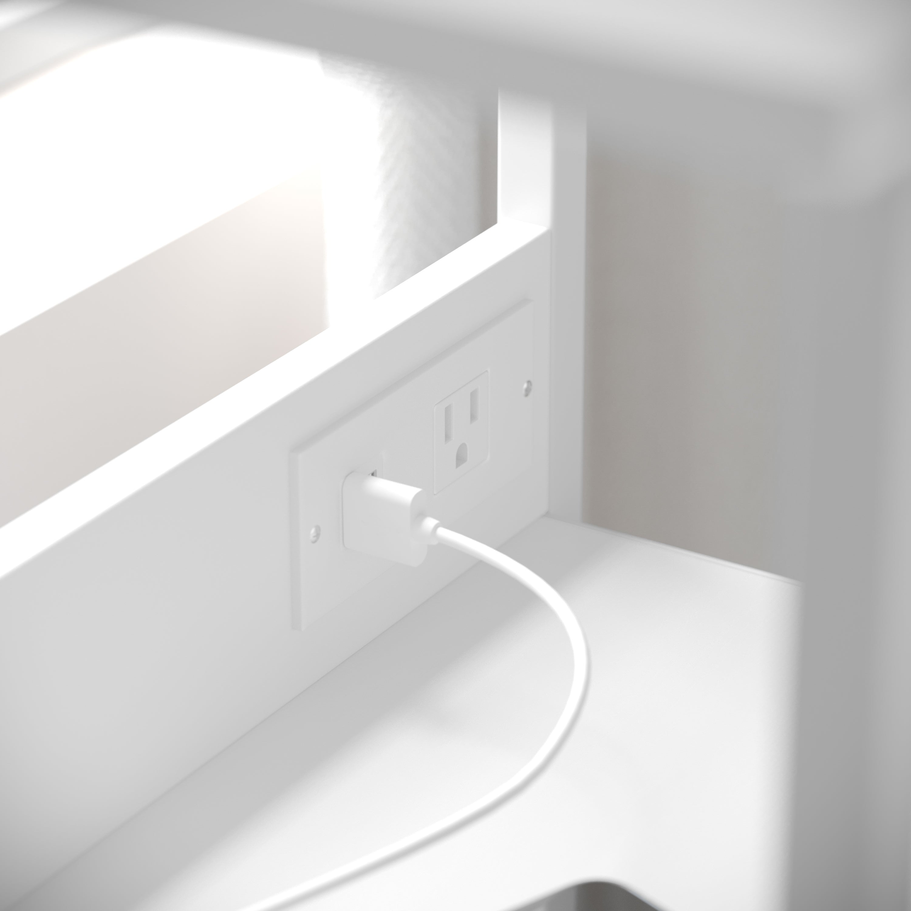 Sodano 3 Drawer Nightstand with Charging Station, 2 USB Ports, 1 Outlet, White Metal Frame, White Engineered Wood Top, Gray Drawers, White Handles