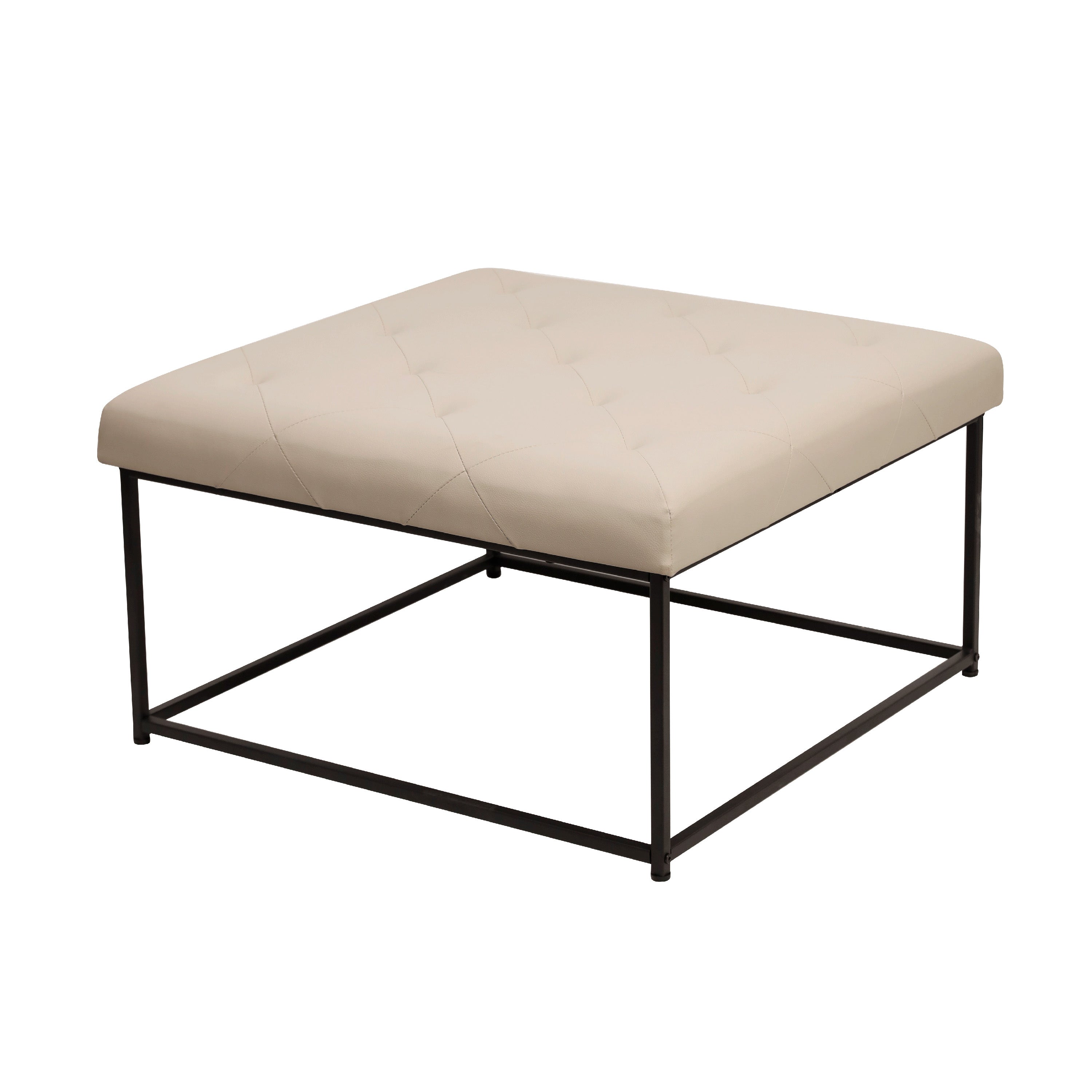 Ashton 30" Square LeatherSoft Tufted Ottoman with Metal Frame, Beige LeatherSoft/Black Frame