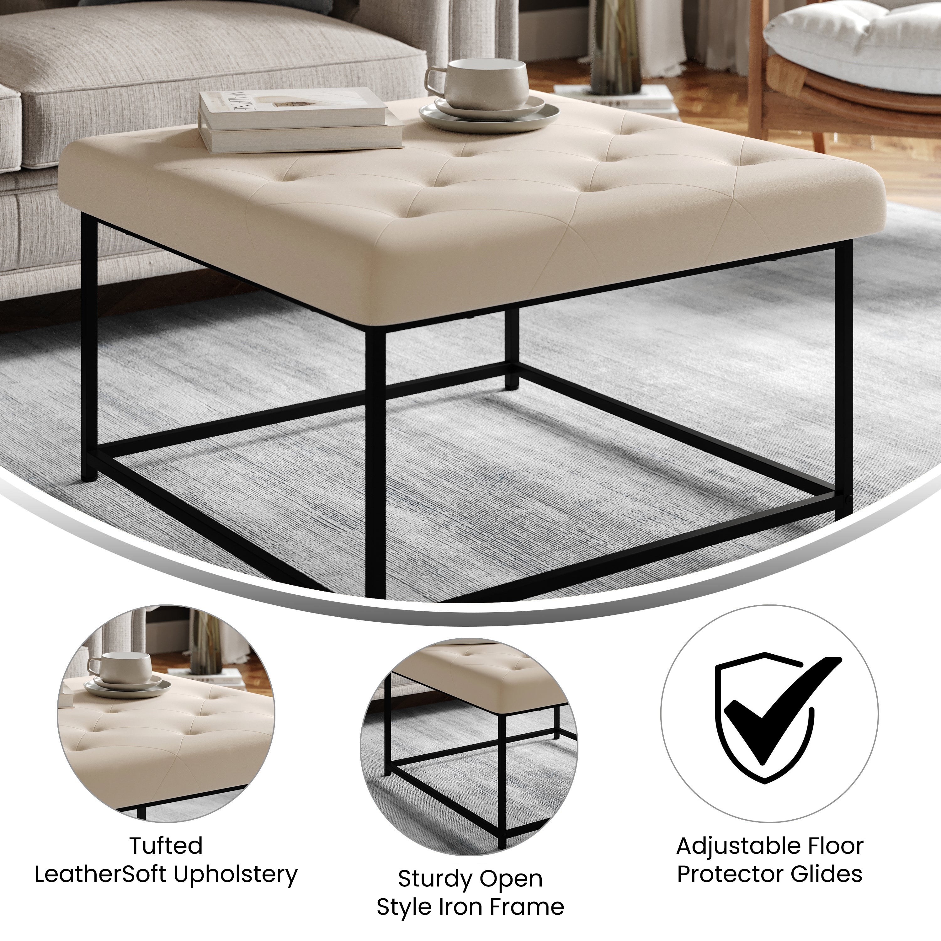 Ashton 30" Square LeatherSoft Tufted Ottoman with Metal Frame, Beige LeatherSoft/Black Frame