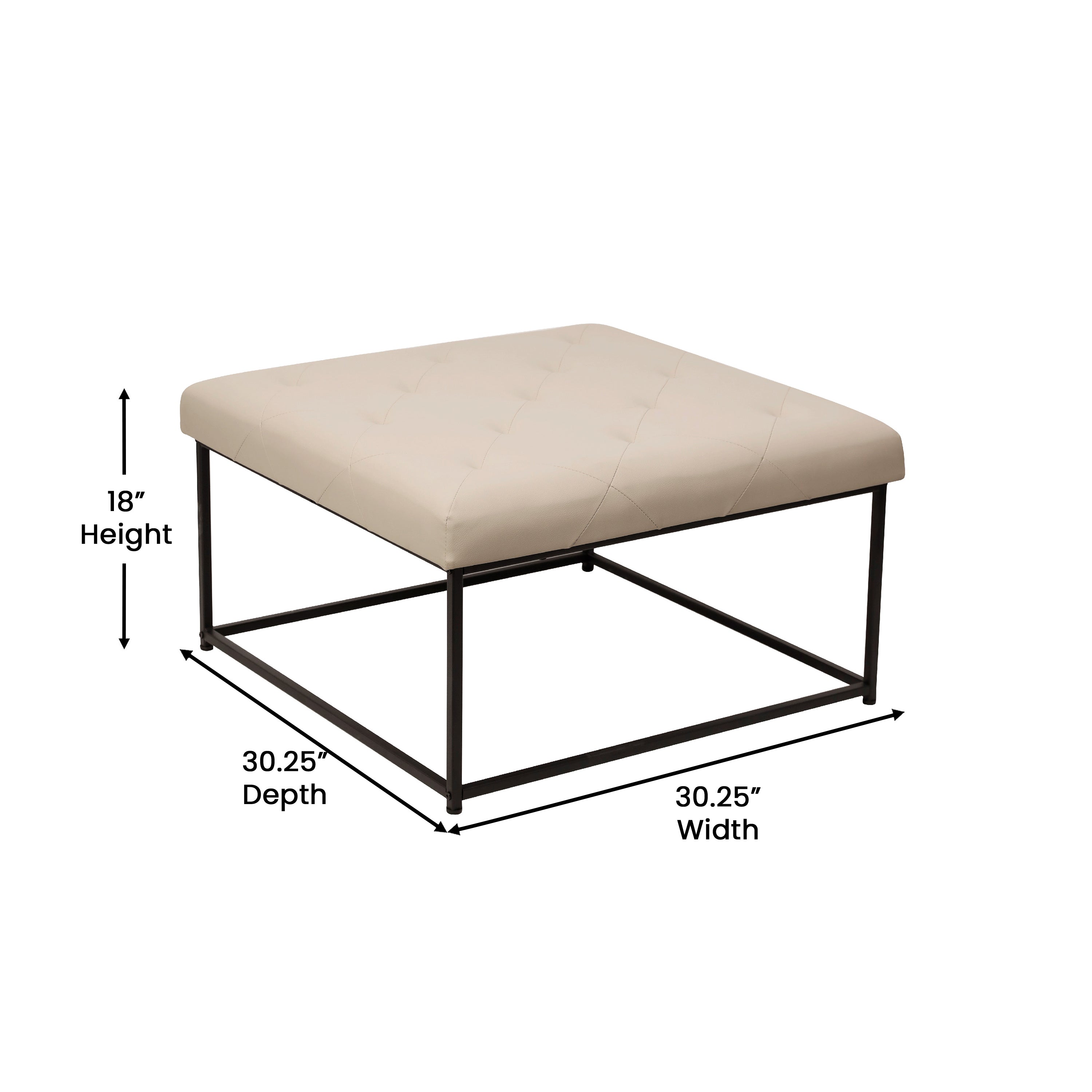 Ashton 30" Square LeatherSoft Tufted Ottoman with Metal Frame, Beige LeatherSoft/Black Frame