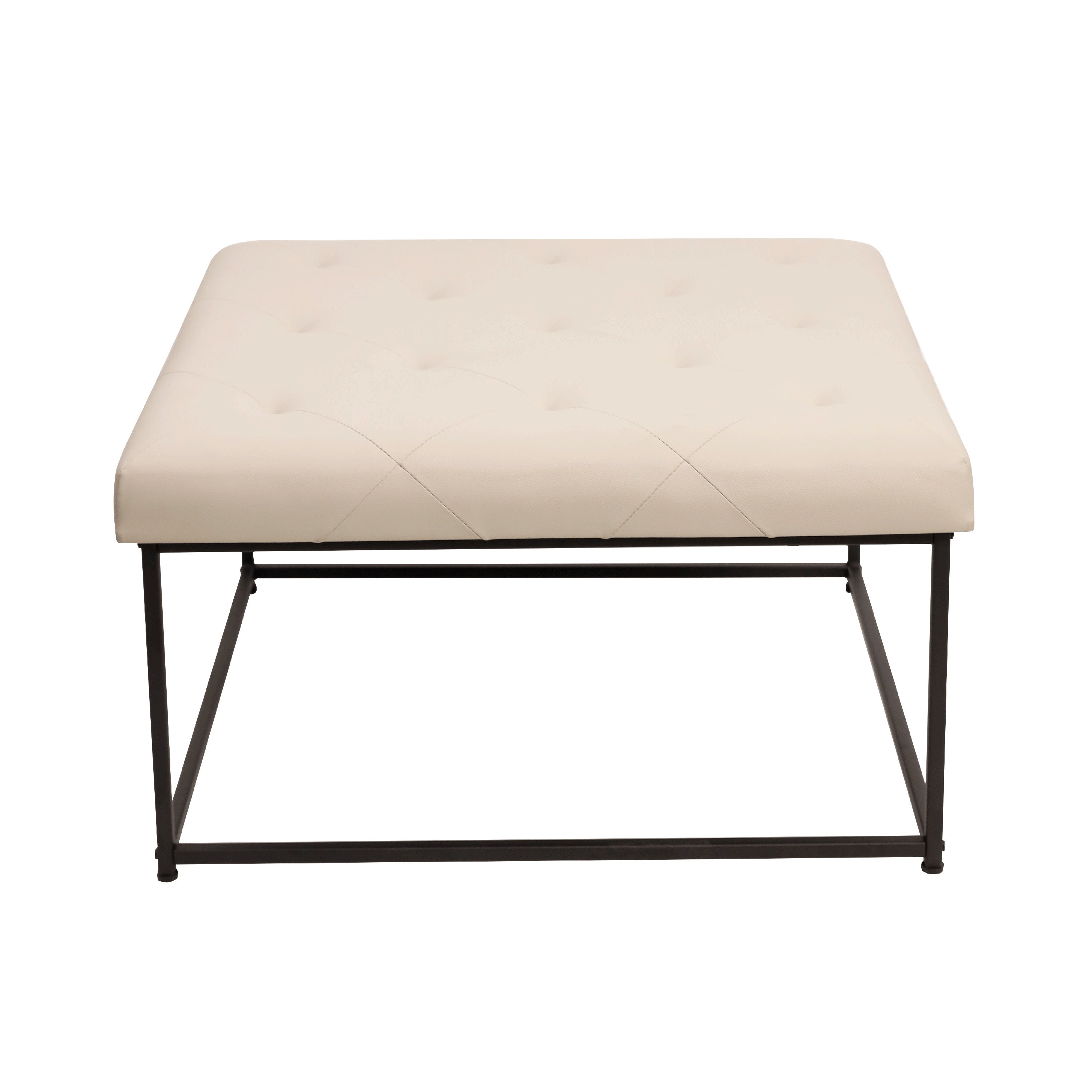Ashton 30" Square LeatherSoft Tufted Ottoman with Metal Frame, Beige LeatherSoft/Black Frame