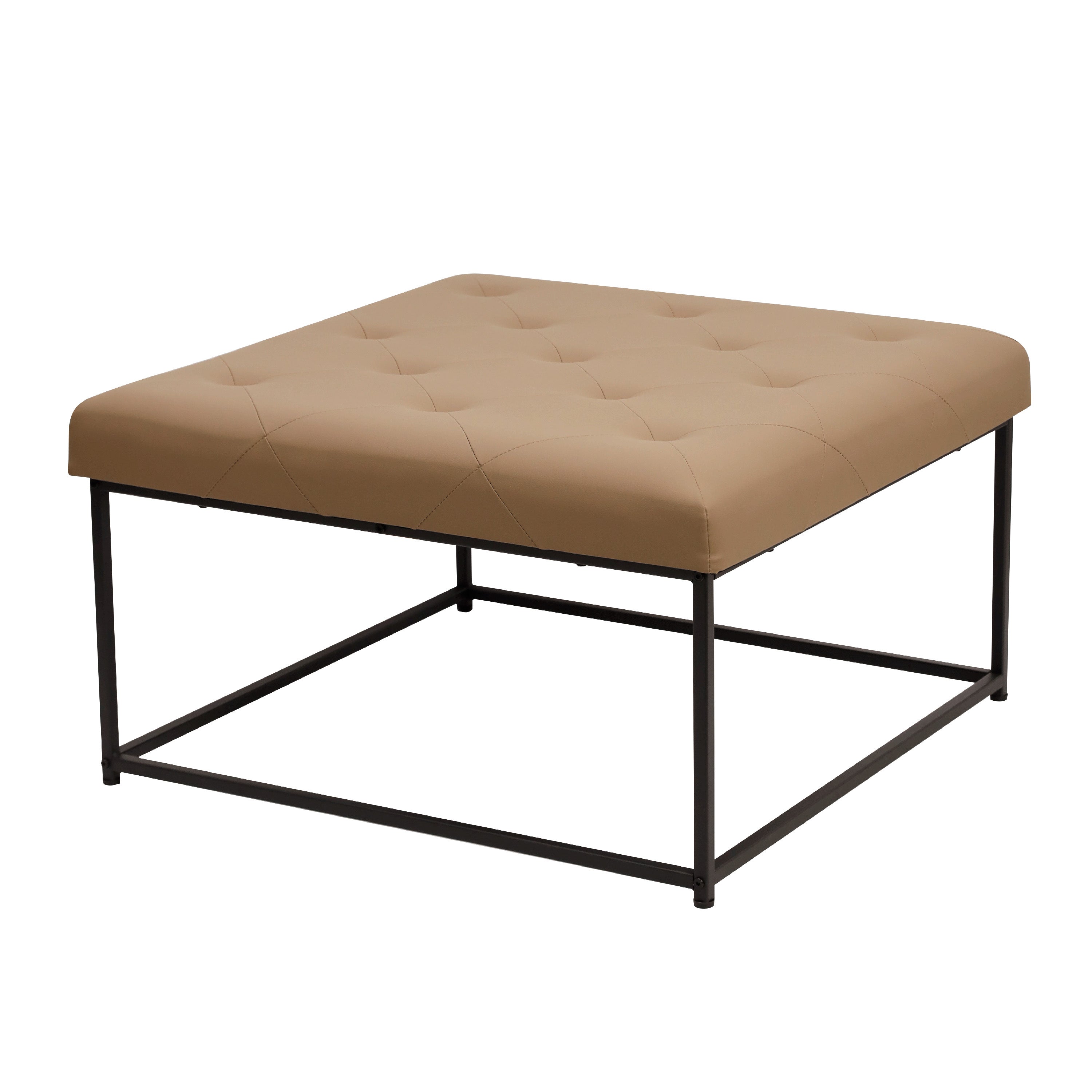Ashton 30" Square LeatherSoft Tufted Ottoman with Metal Frame, Light Brown LeatherSoft/Black Frame
