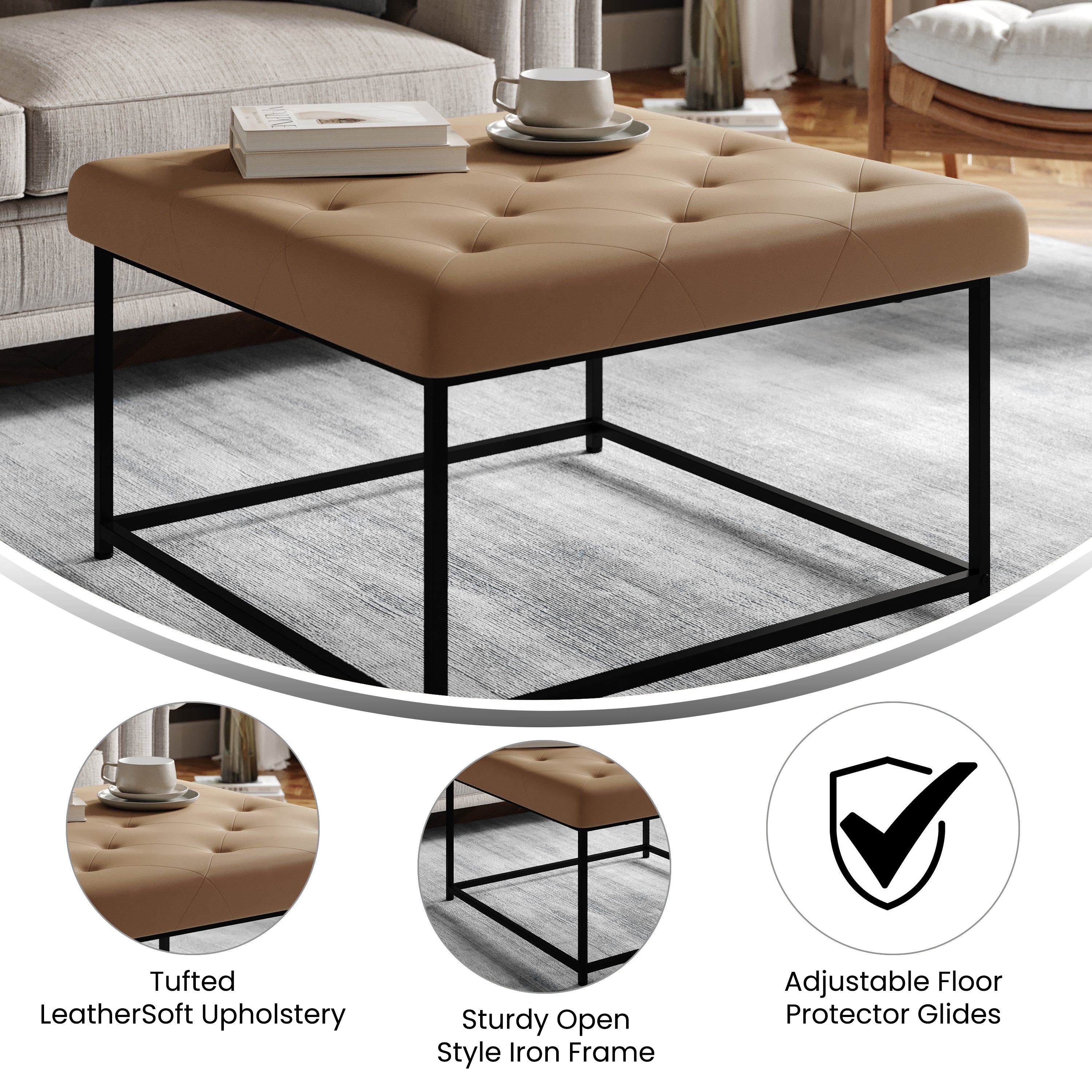 Ashton 30" Square LeatherSoft Tufted Ottoman with Metal Frame, Light Brown LeatherSoft/Black Frame