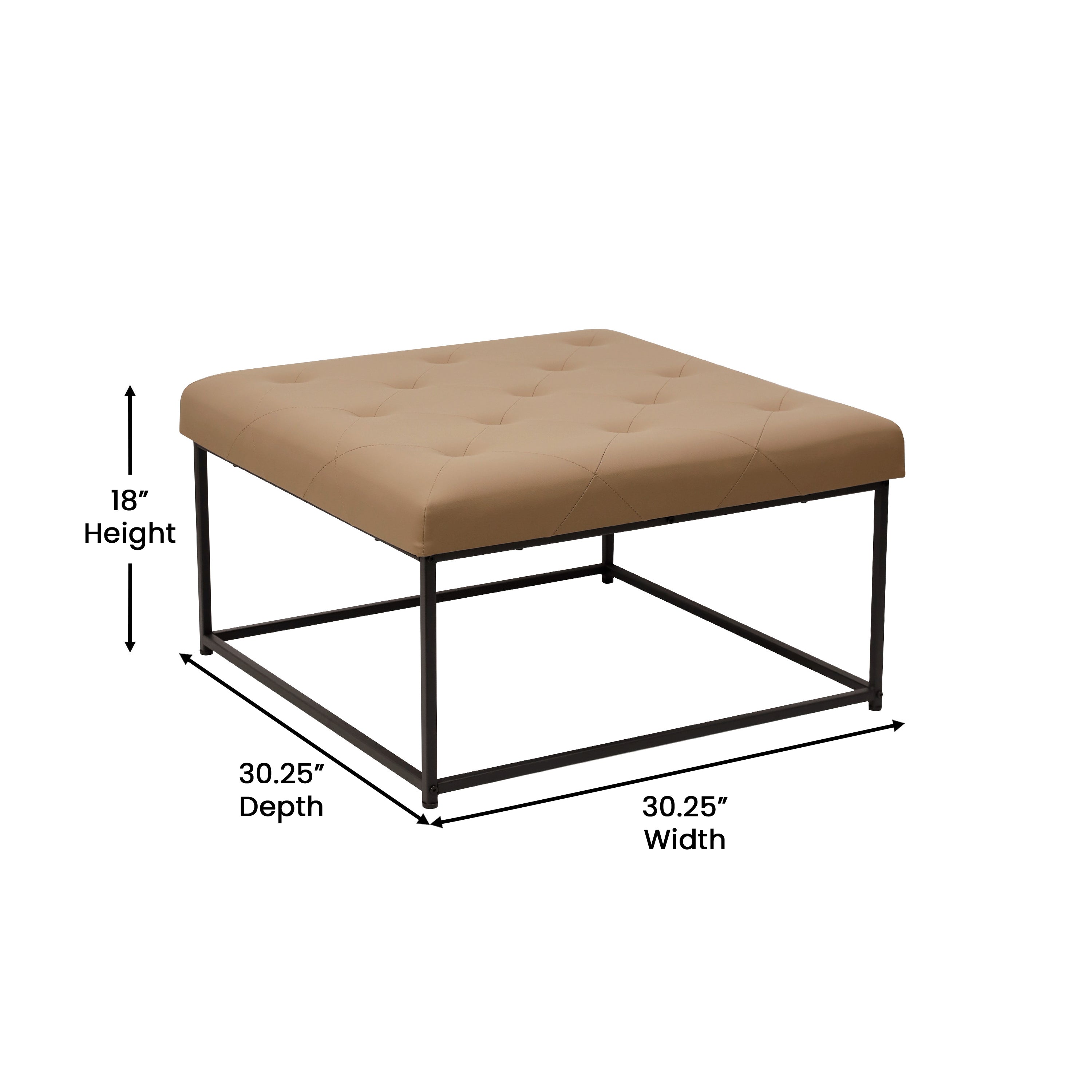 Ashton 30" Square LeatherSoft Tufted Ottoman with Metal Frame, Light Brown LeatherSoft/Black Frame