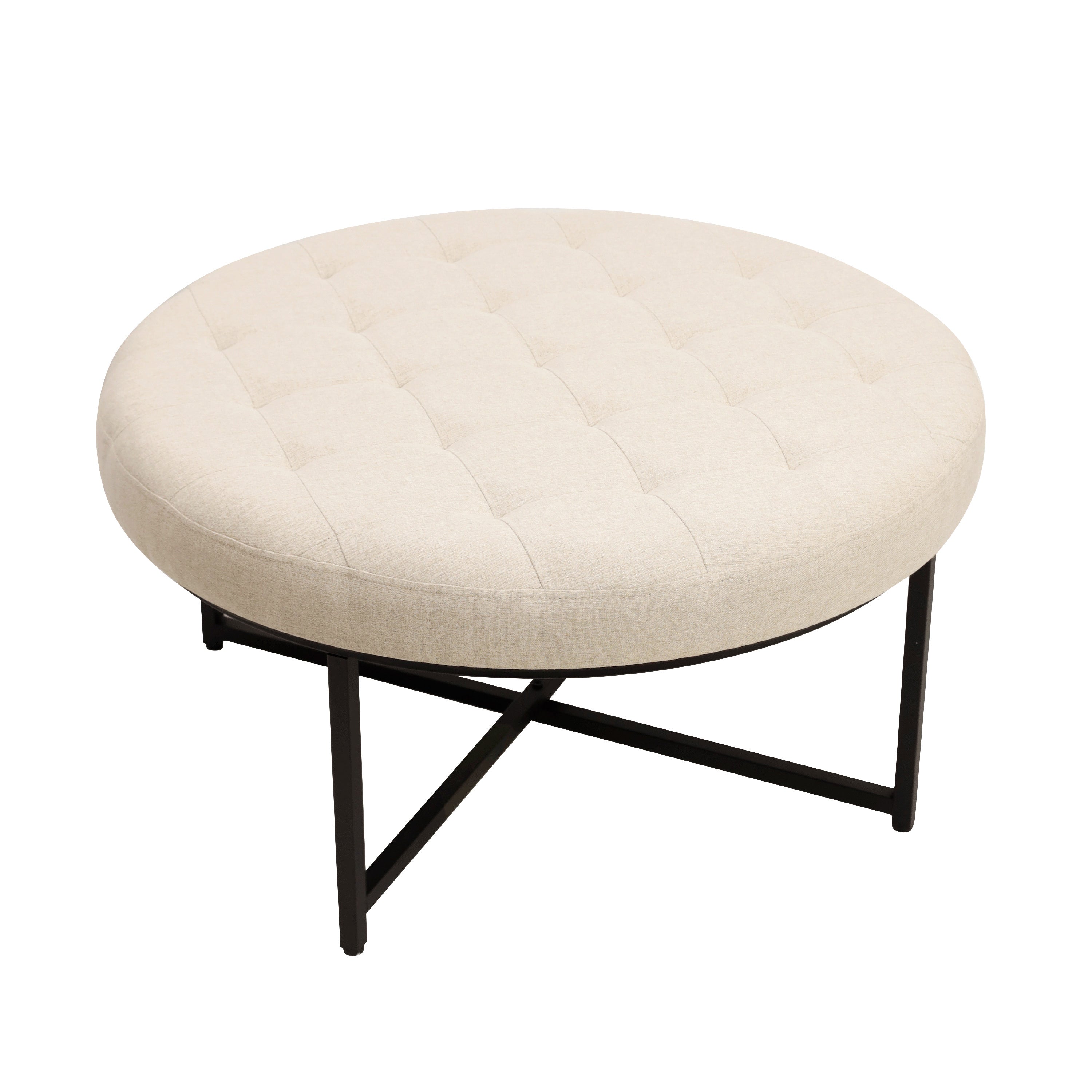 Ashton 34" Round Cotton Linen Tufted Ottoman with Metal Frame, Beige Cotton Linen/Black Frame