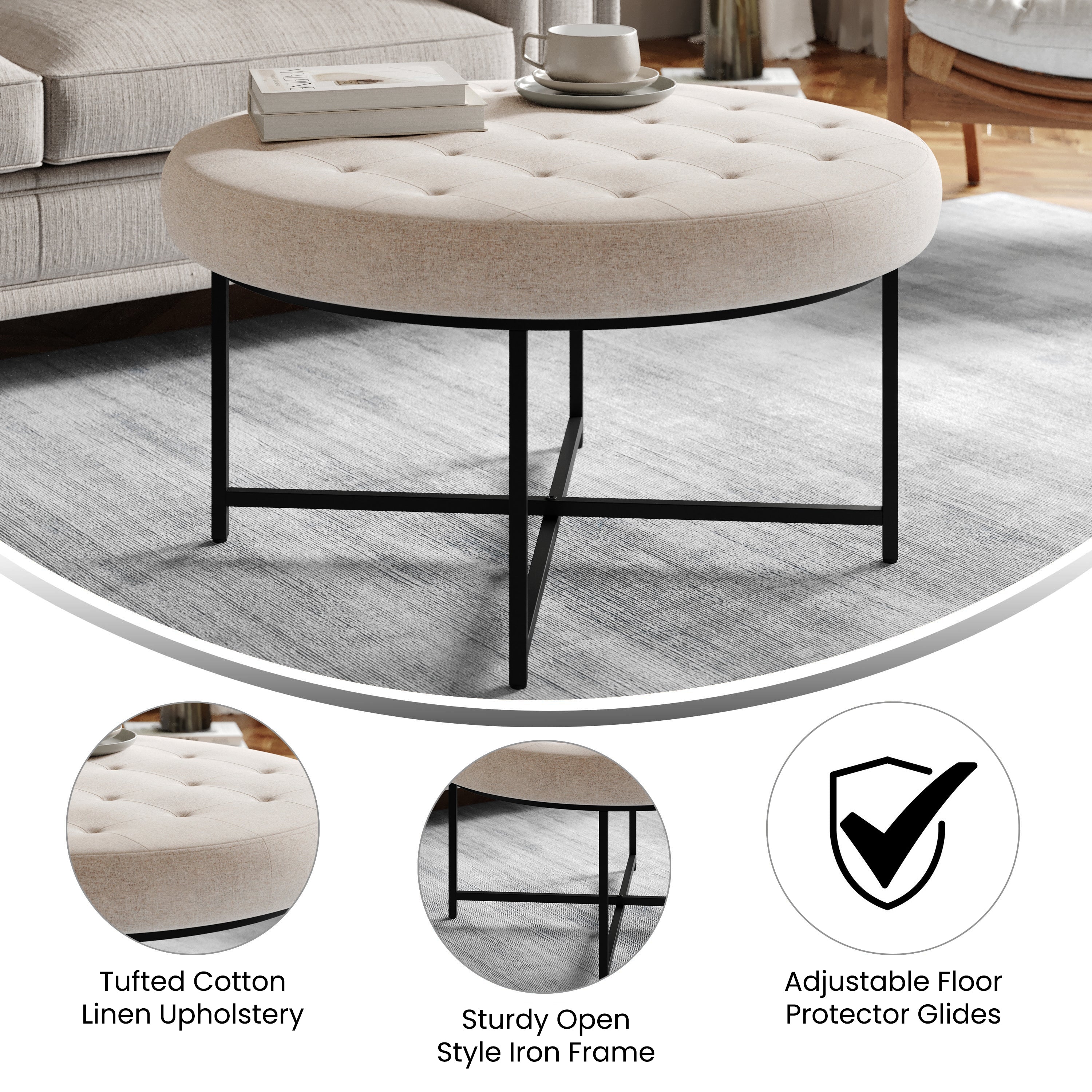 Ashton 34" Round Cotton Linen Tufted Ottoman with Metal Frame, Beige Cotton Linen/Black Frame