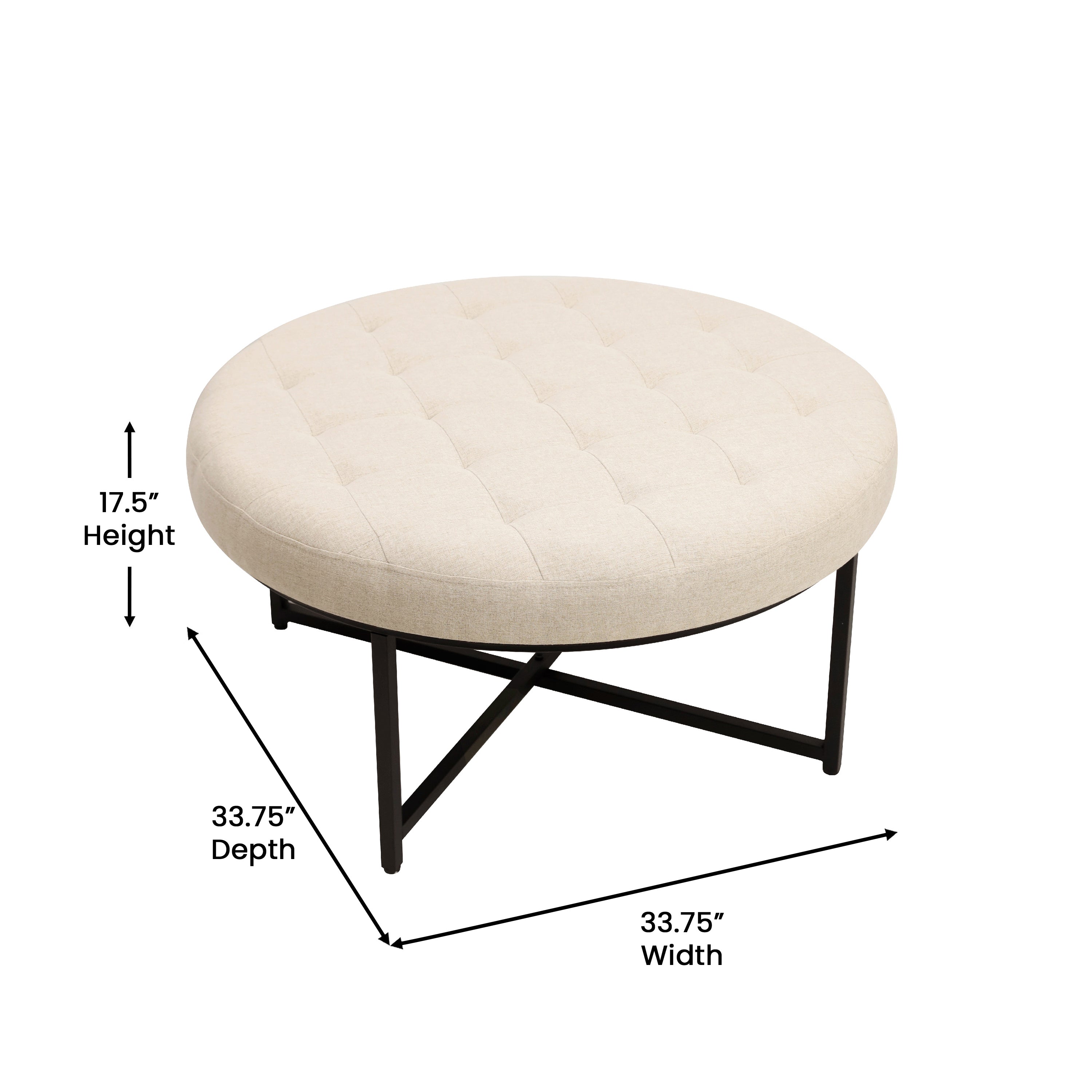 Ashton 34" Round Cotton Linen Tufted Ottoman with Metal Frame, Beige Cotton Linen/Black Frame