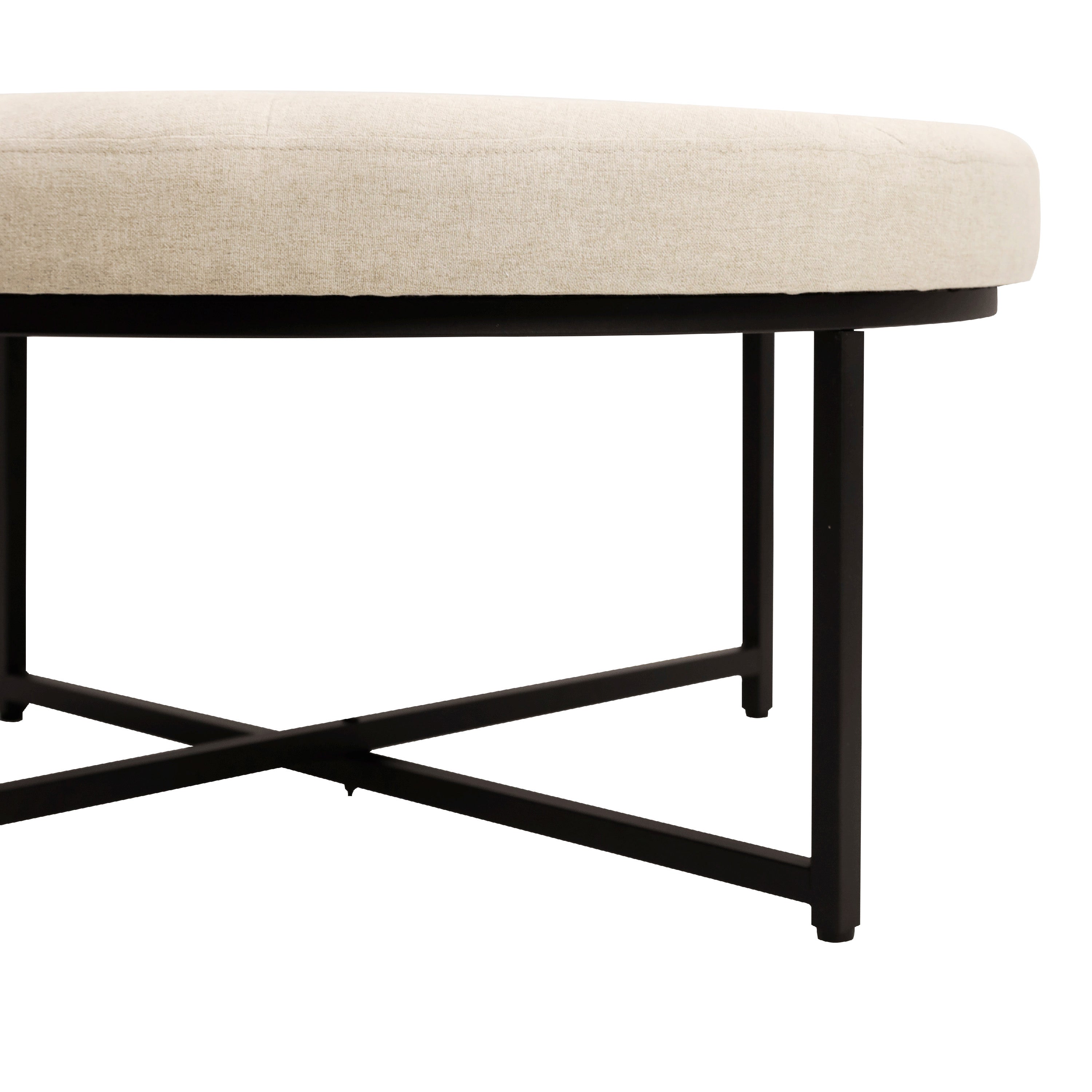 Ashton 34" Round Cotton Linen Tufted Ottoman with Metal Frame, Beige Cotton Linen/Black Frame