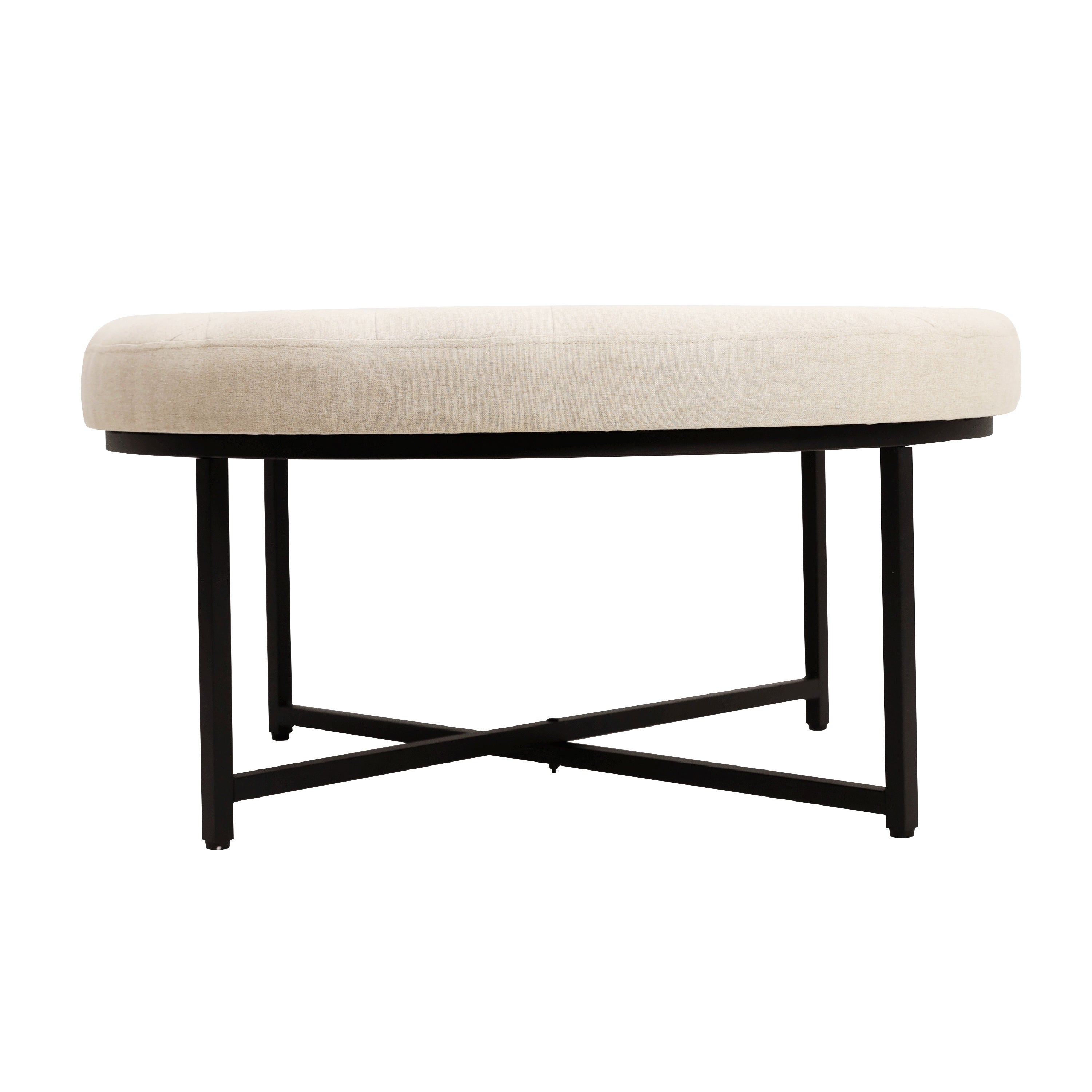 Ashton 34" Round Cotton Linen Tufted Ottoman with Metal Frame, Beige Cotton Linen/Black Frame