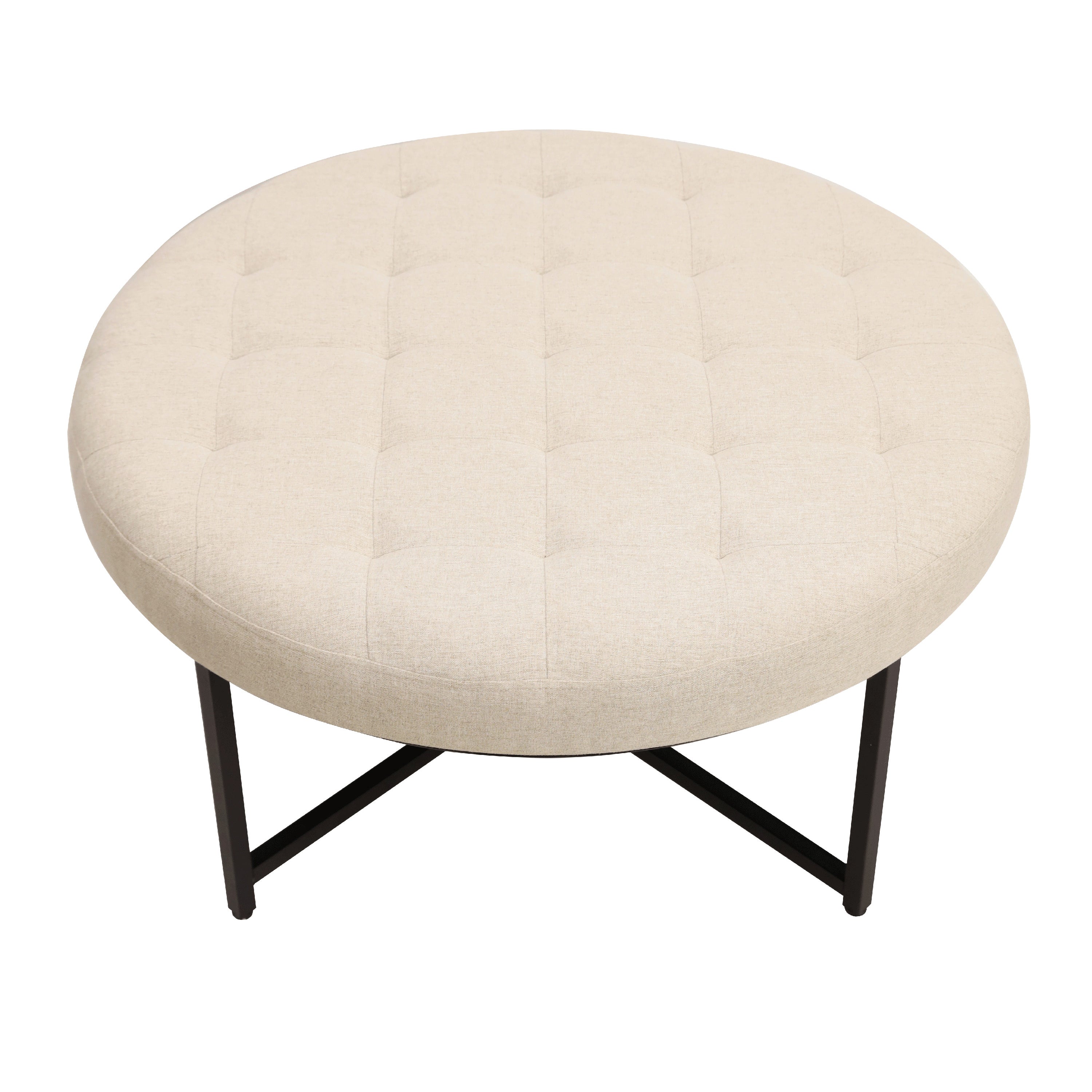 Ashton 34" Round Cotton Linen Tufted Ottoman with Metal Frame, Beige Cotton Linen/Black Frame