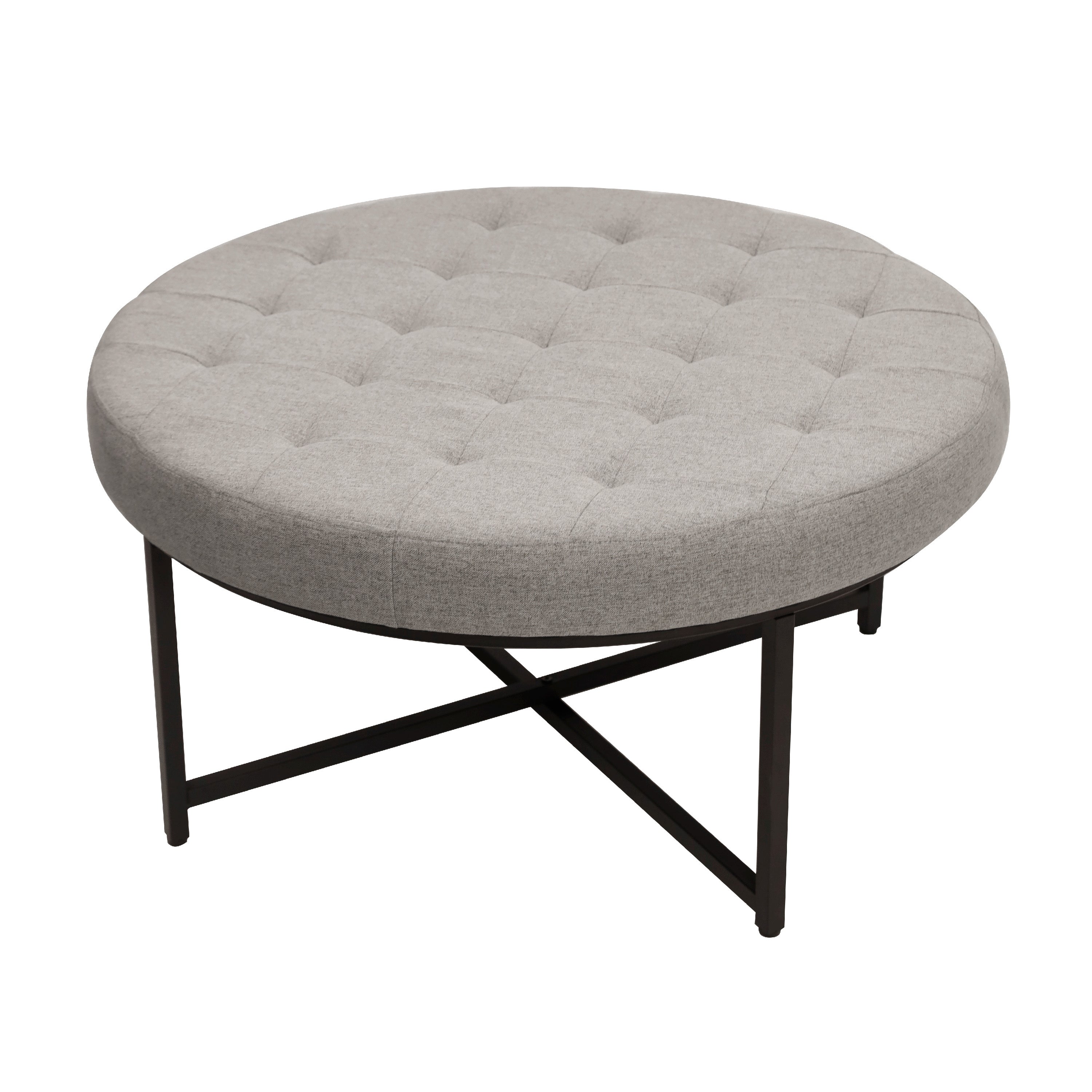 Ashton 34" Round Cotton Linen Tufted Ottoman with Metal Frame, Gray Cotton Linen/Black Frame