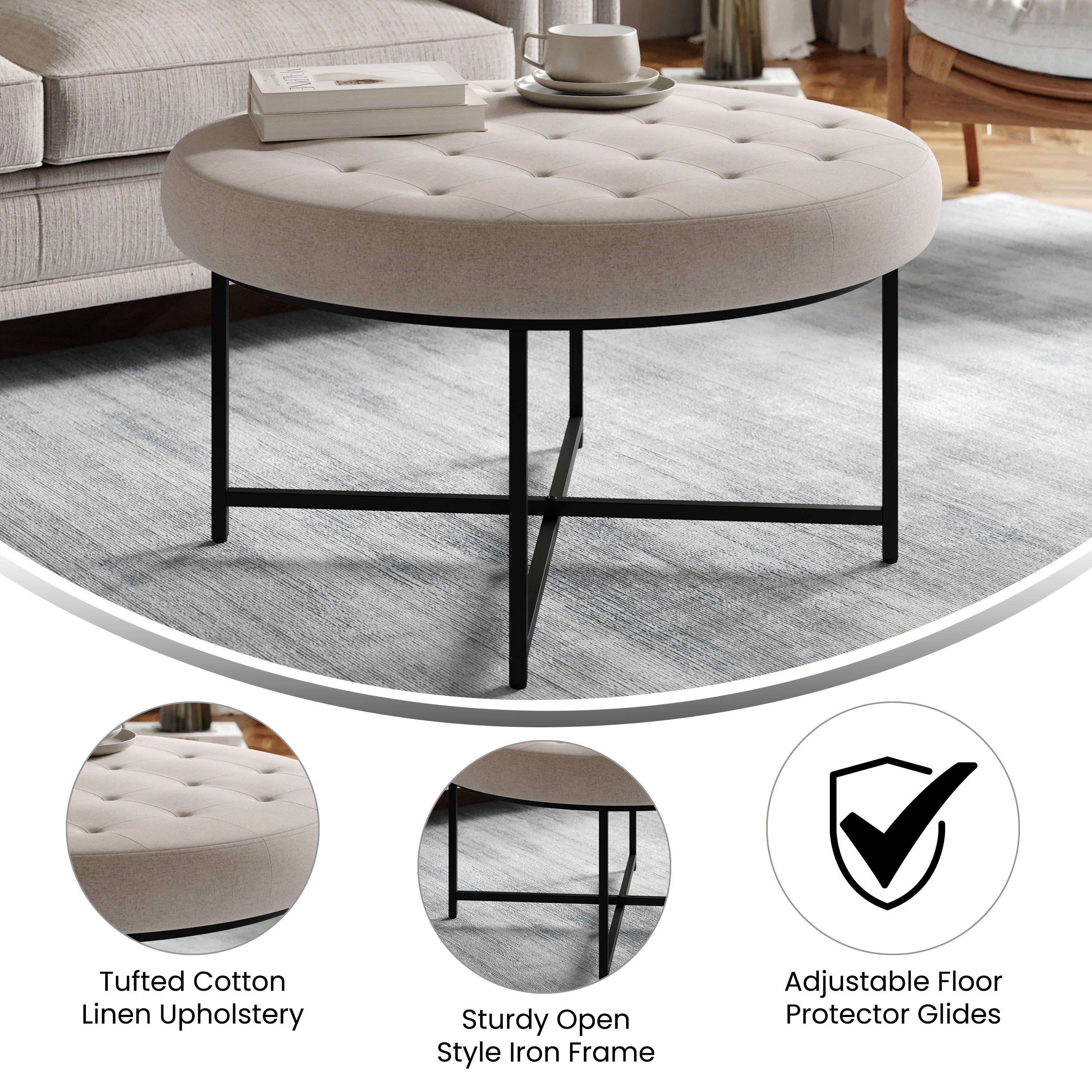 Ashton 34" Round Cotton Linen Tufted Ottoman with Metal Frame, Gray Cotton Linen/Black Frame