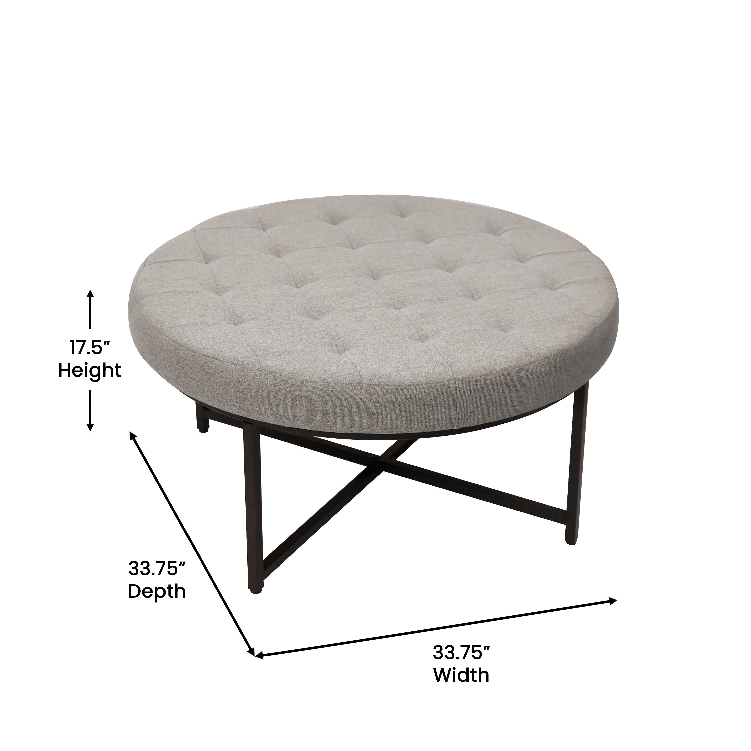 Ashton 34" Round Cotton Linen Tufted Ottoman with Metal Frame, Gray Cotton Linen/Black Frame