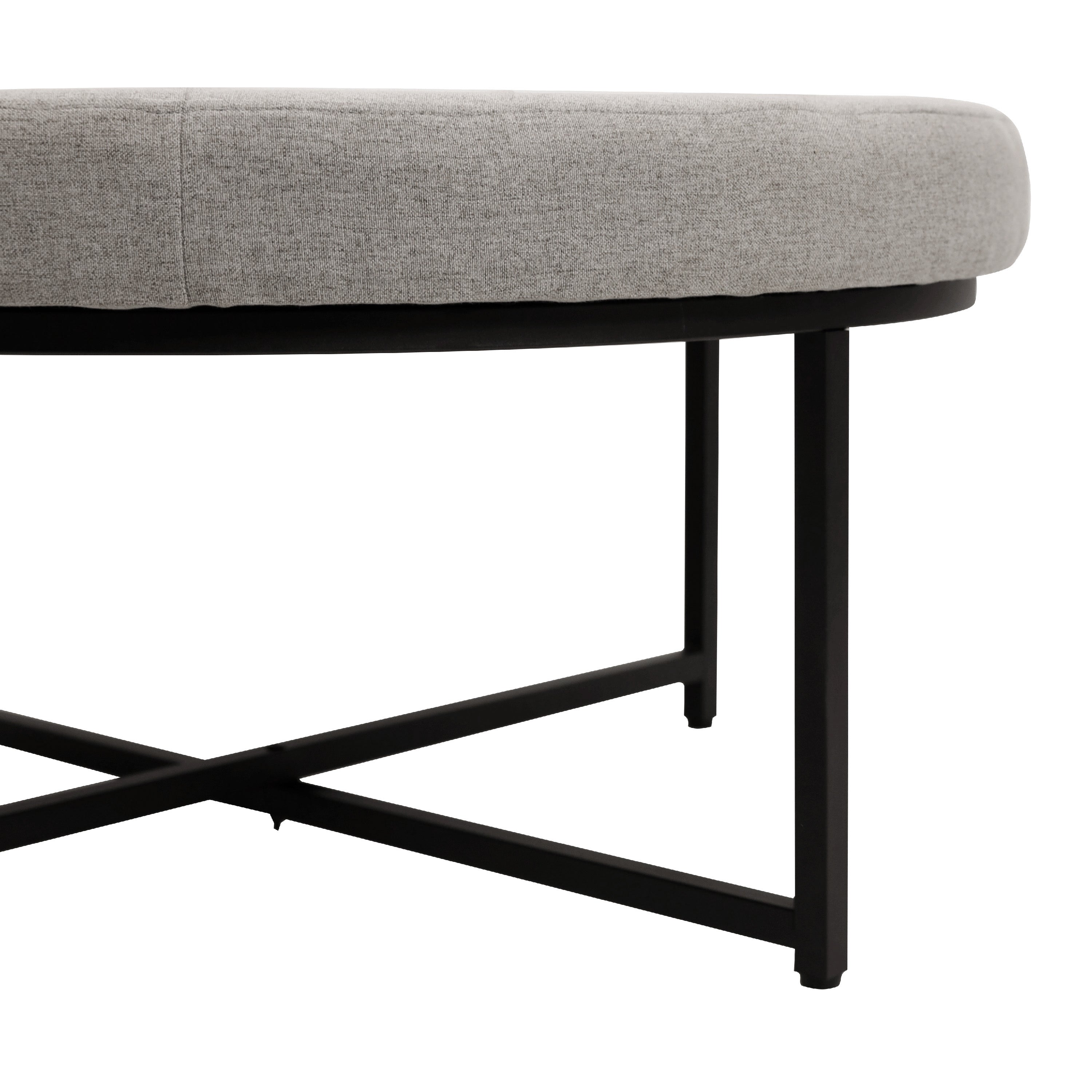 Ashton 34" Round Cotton Linen Tufted Ottoman with Metal Frame, Gray Cotton Linen/Black Frame
