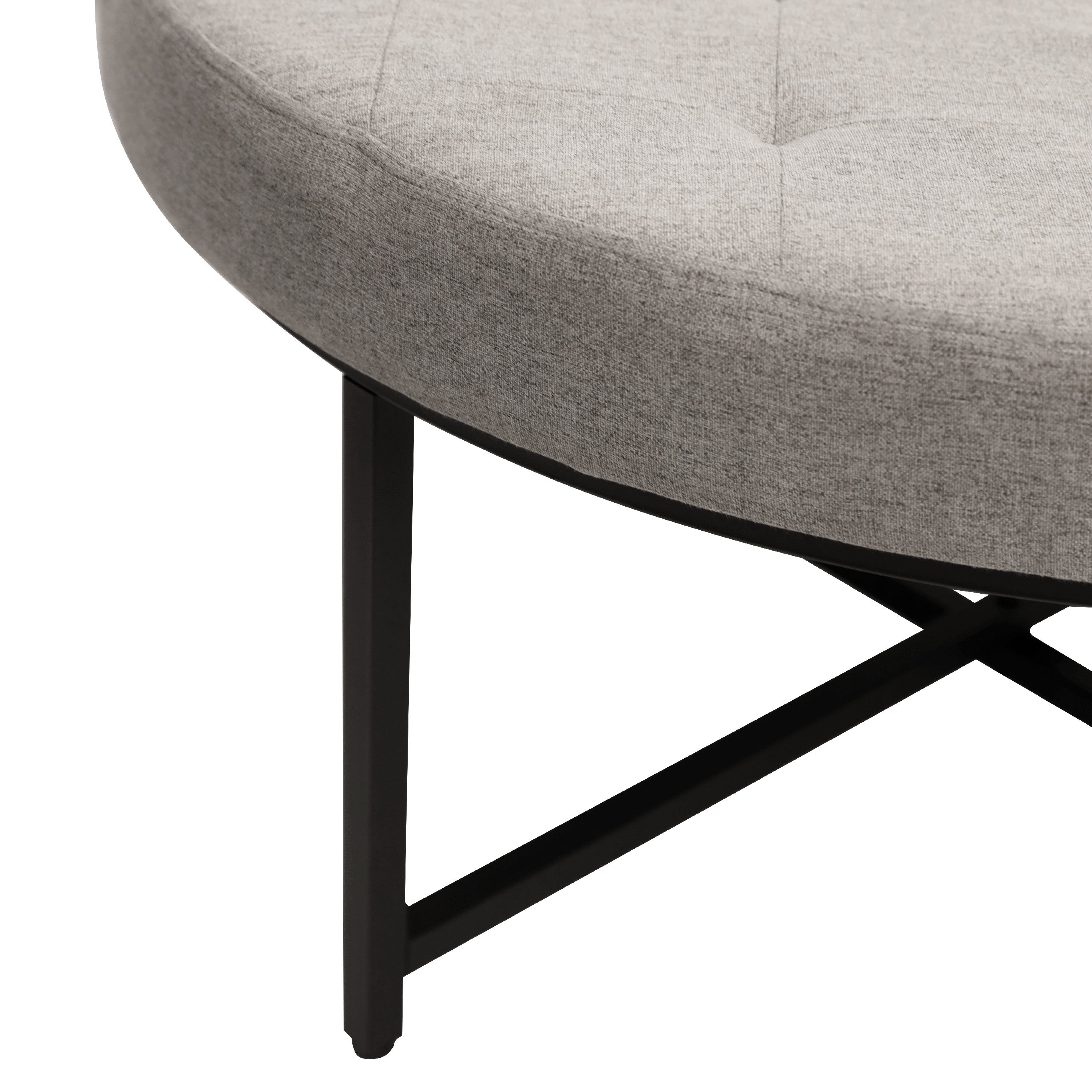 Ashton 34" Round Cotton Linen Tufted Ottoman with Metal Frame, Gray Cotton Linen/Black Frame