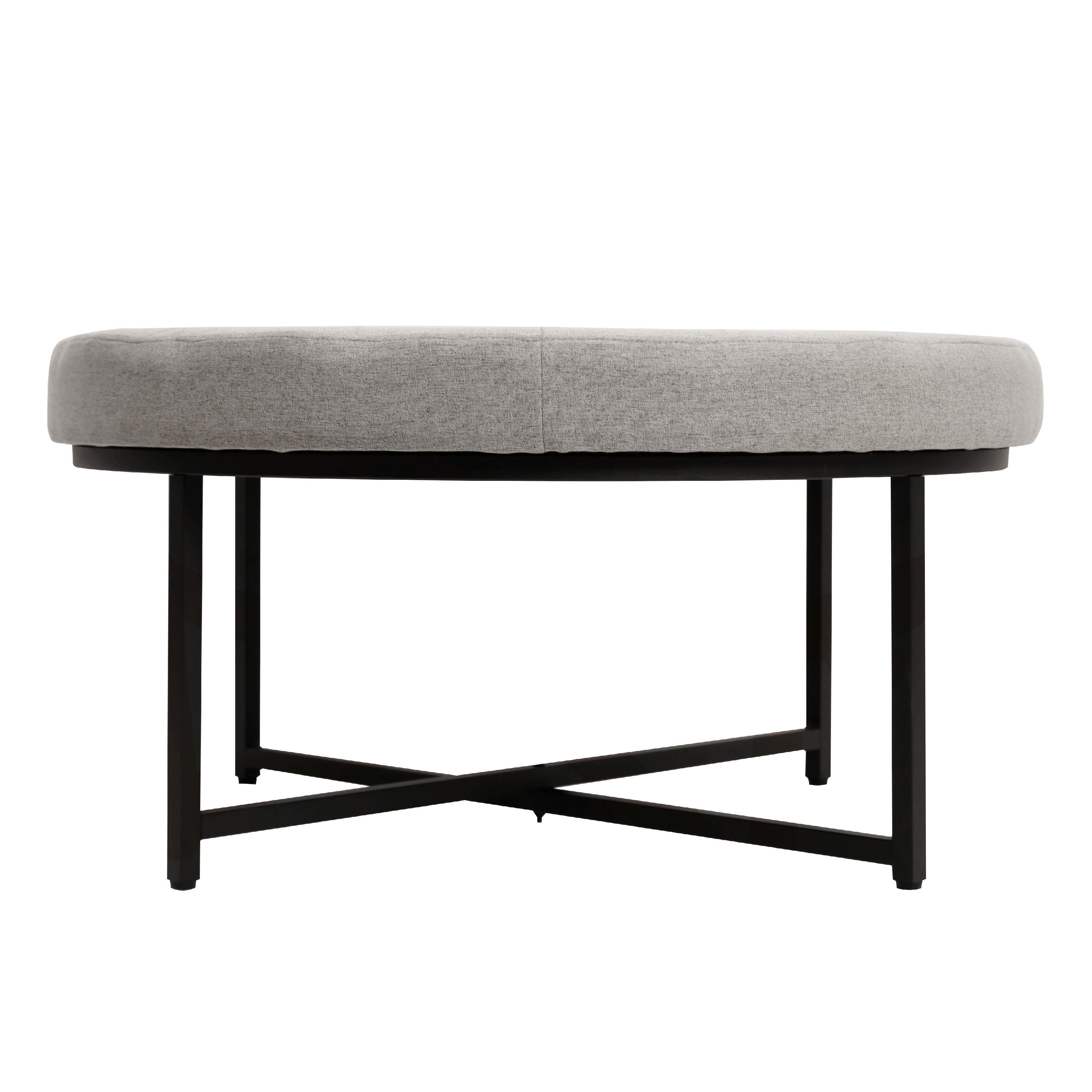 Ashton 34" Round Cotton Linen Tufted Ottoman with Metal Frame, Gray Cotton Linen/Black Frame