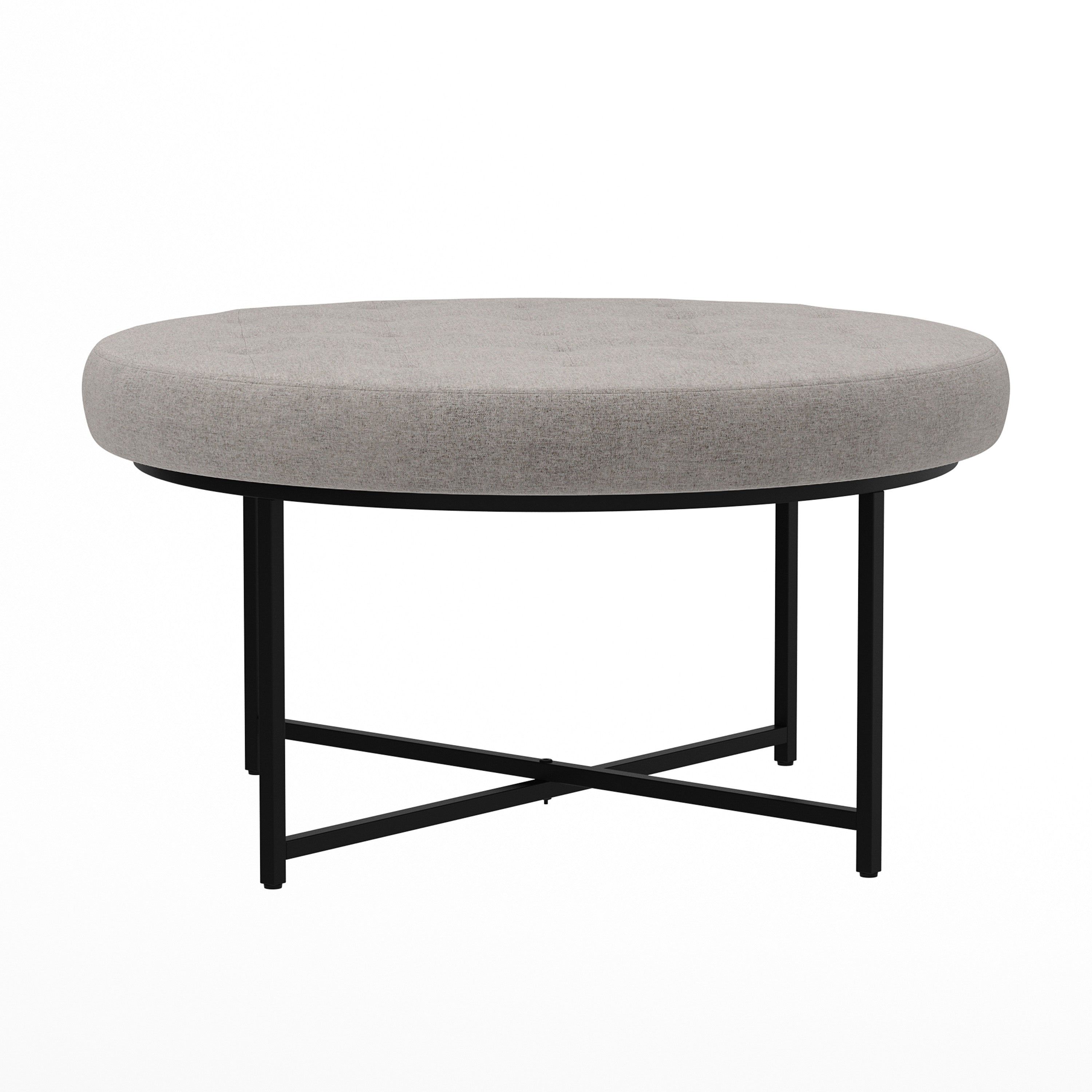 Ashton 34" Round Cotton Linen Tufted Ottoman with Metal Frame, Gray Cotton Linen/Black Frame