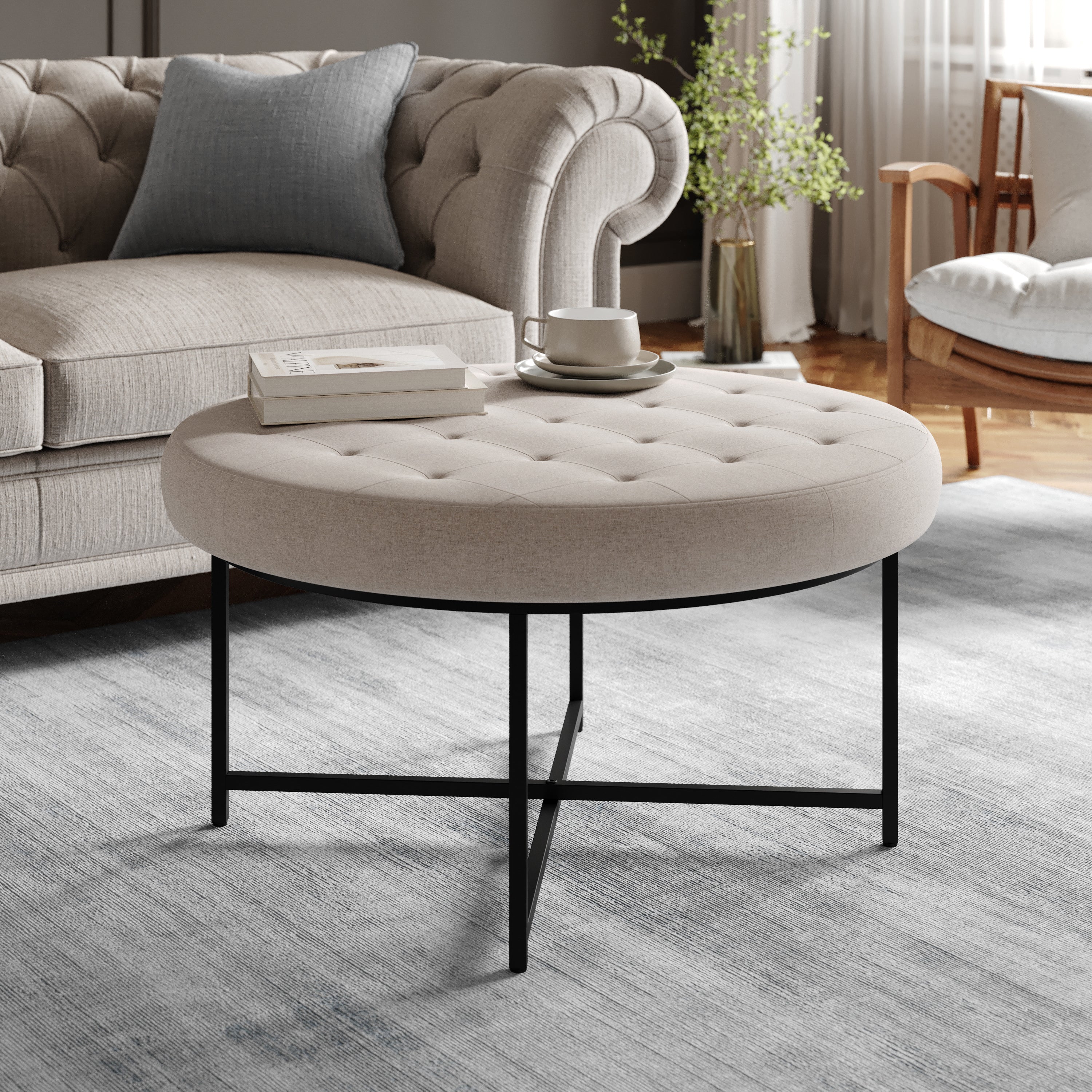 Ashton 34" Round Cotton Linen Tufted Ottoman with Metal Frame, Gray Cotton Linen/Black Frame