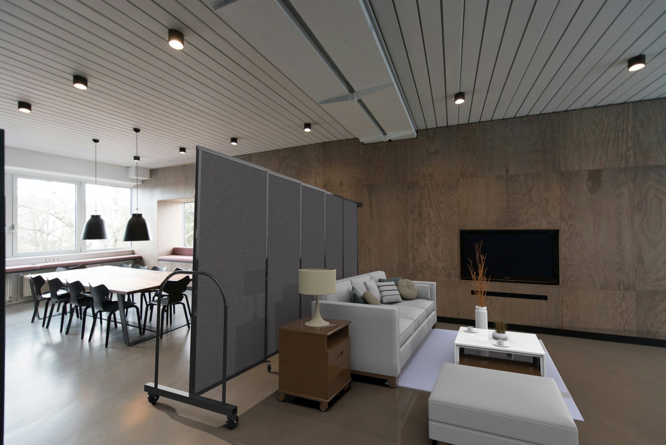 Straightflex Wall-Mounted Sliding Room Divider, 6'10" x 15'6", Black Frame, Granite Vinyl