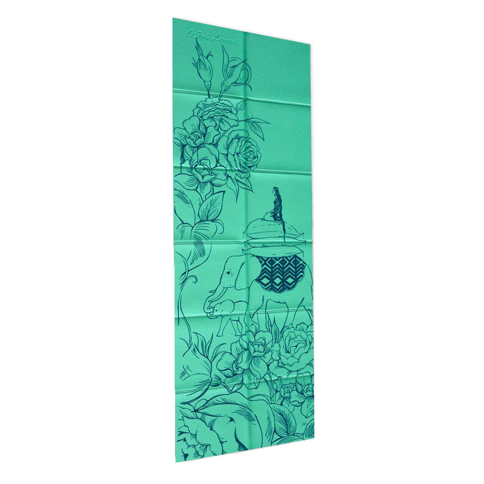 FOLDING YOGA MAT & TOTE Wandering Elephants- Green - 1/4"H x 24"W x 68"L