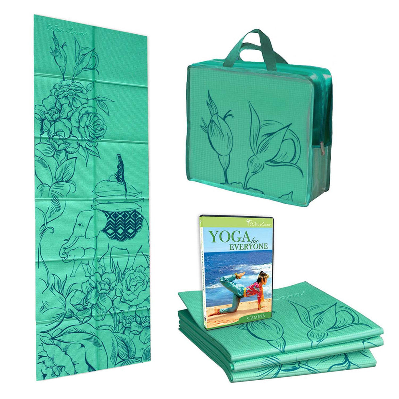 FOLDING YOGA MAT KIT Wandering Elephants- Green - 24"W x 68"L