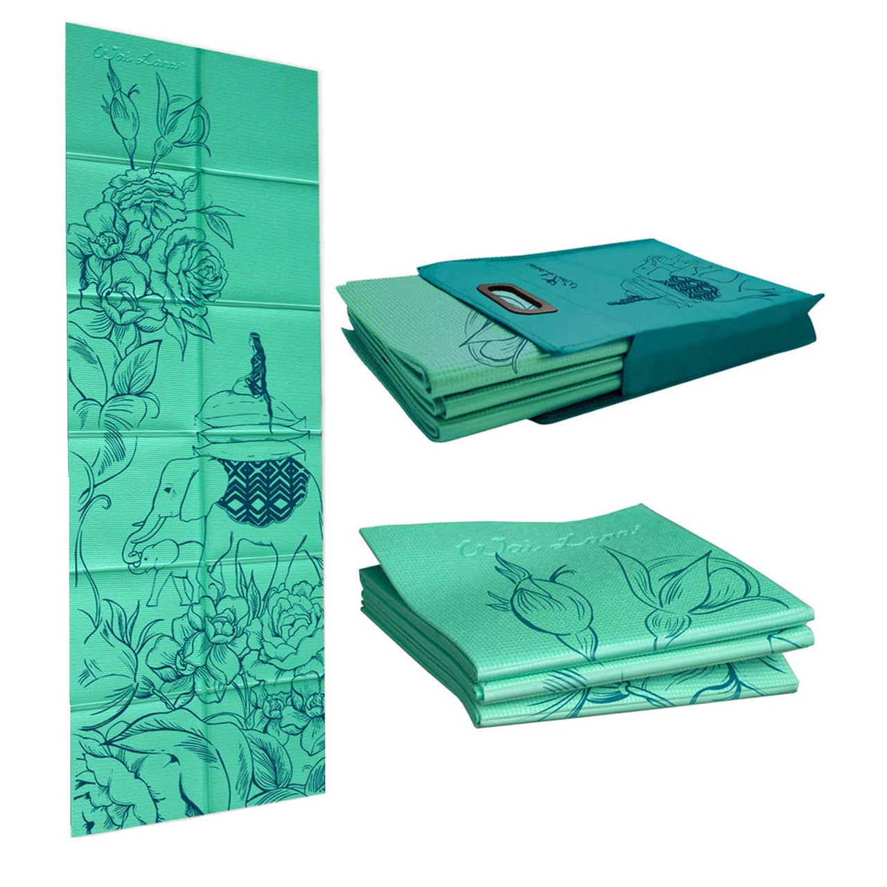FOLDING YOGA MAT & TOTE Wandering Elephants- Green - 1/4"H x 24"W x 68"L
