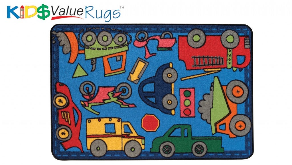 Wheels On The Go Play Rug - 3ft x 4ft 6in - Rectangle - Blue