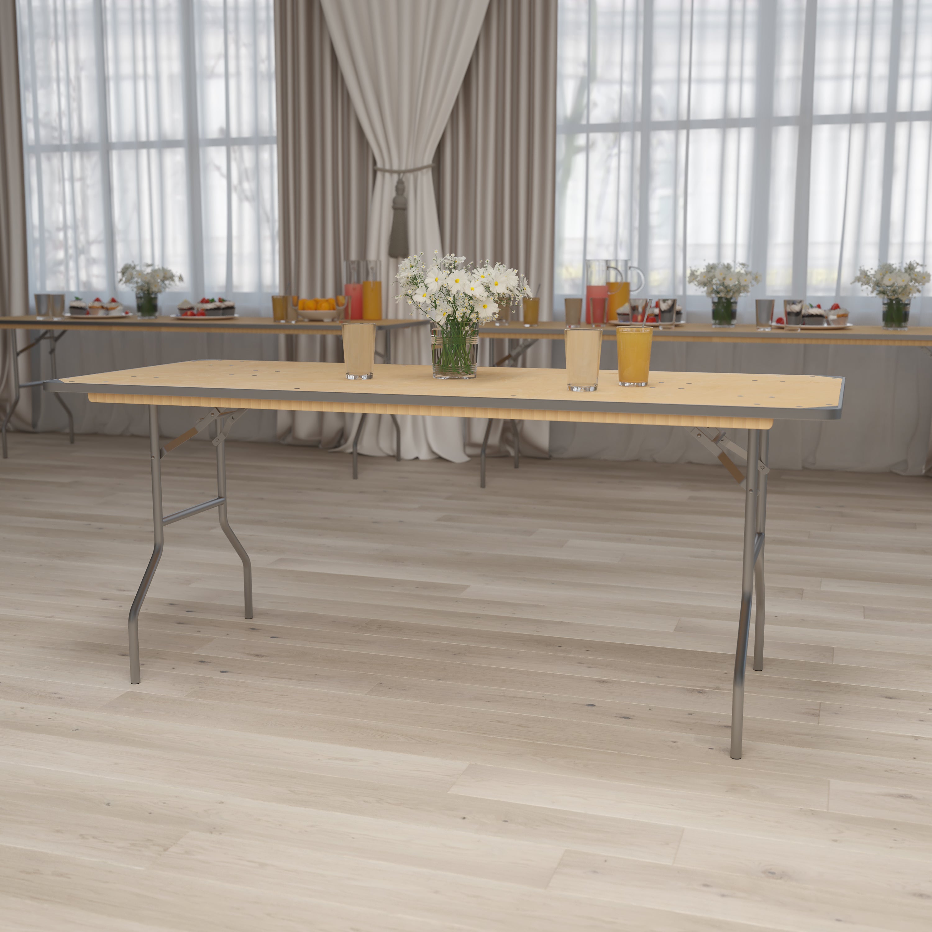 Fielder 6-Foot Rectangular HEAVY DUTY Birchwood Folding Banquet Table with METAL Edges and Protective Corner Guards