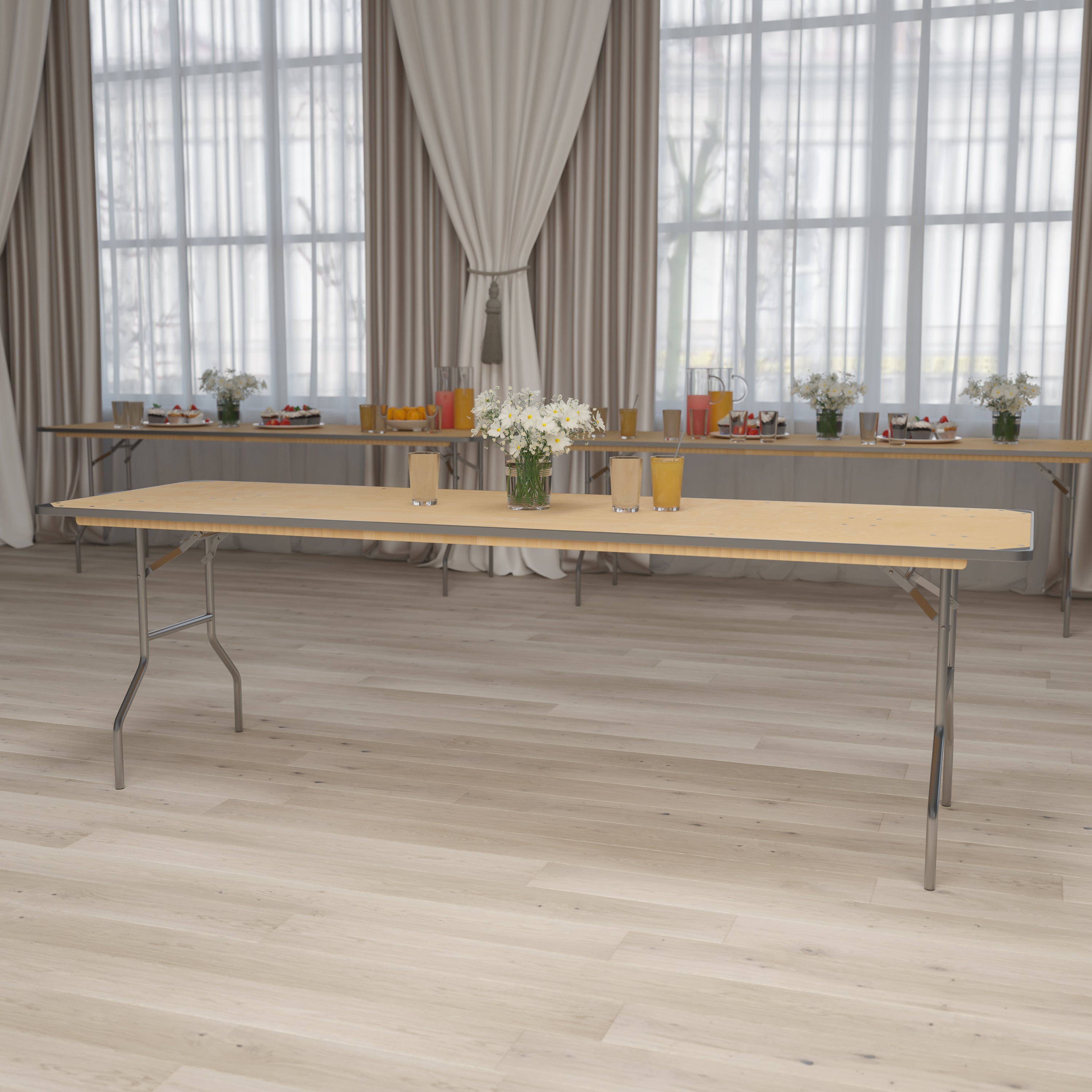 Fielder 8-Foot Rectangular HEAVY DUTY Birchwood Folding Banquet Table with METAL Edges and Protective Corner Guards