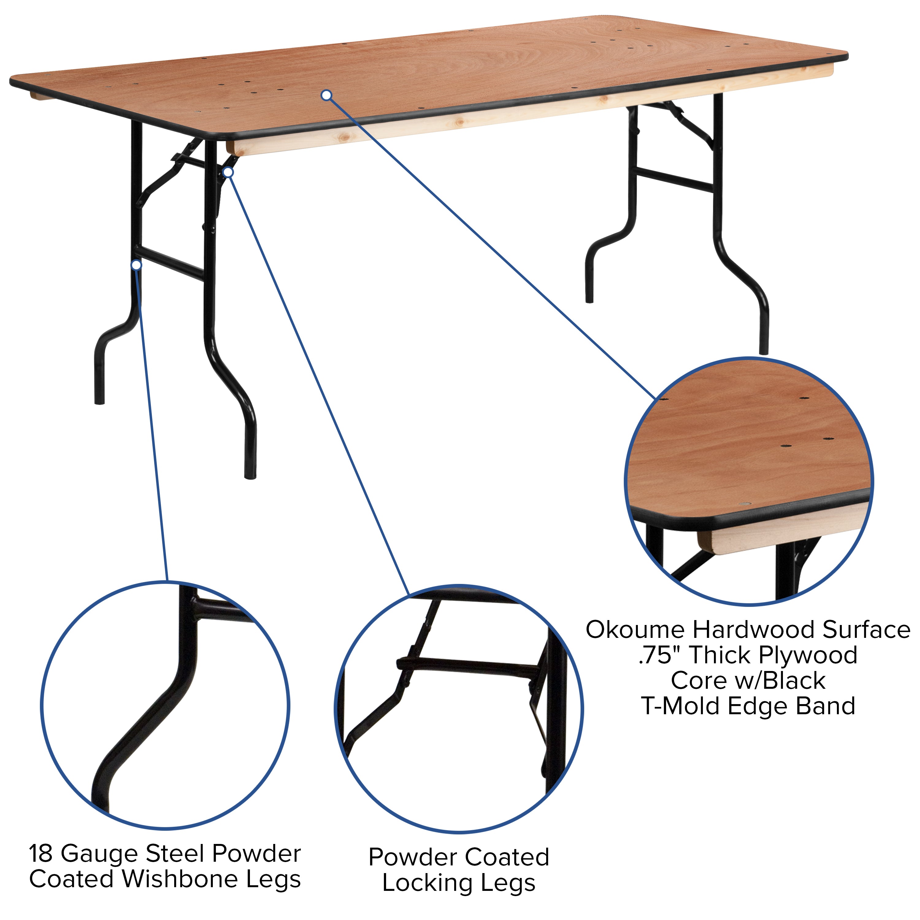 Fielder 6-Foot Rectangular Wood Folding Banquet Table with Clear Coated Finished Top