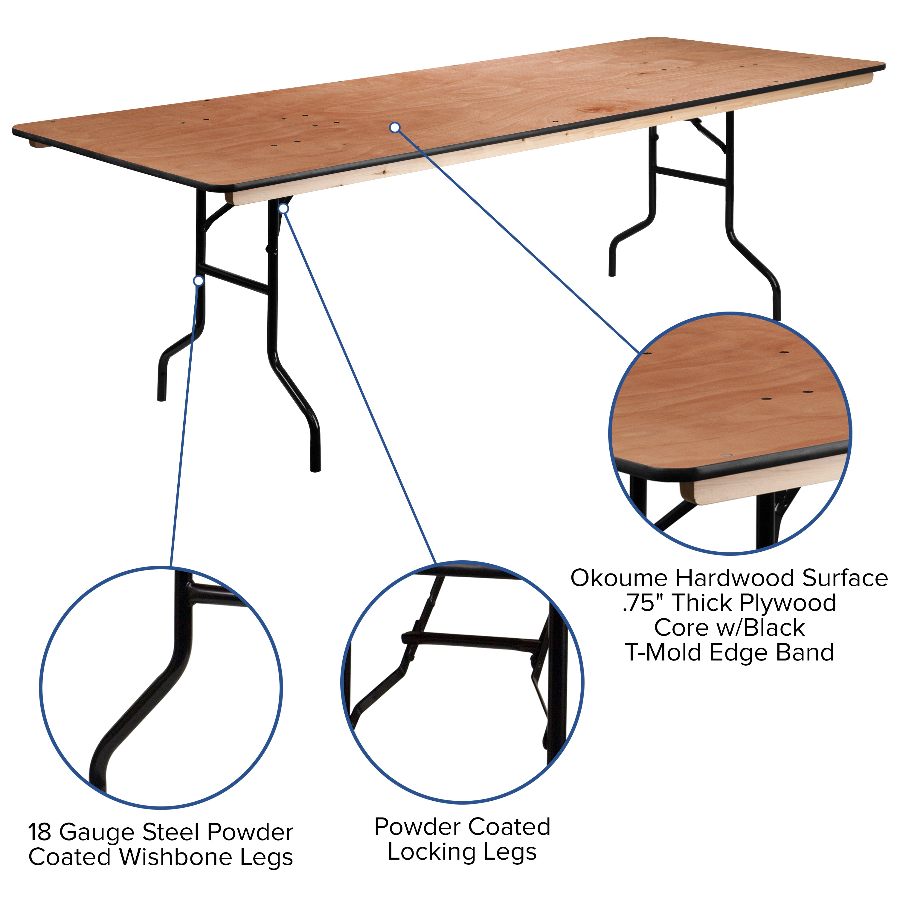 Fielder 8-Foot Rectangular Wood Folding Banquet Table with Clear Coated Finished Top