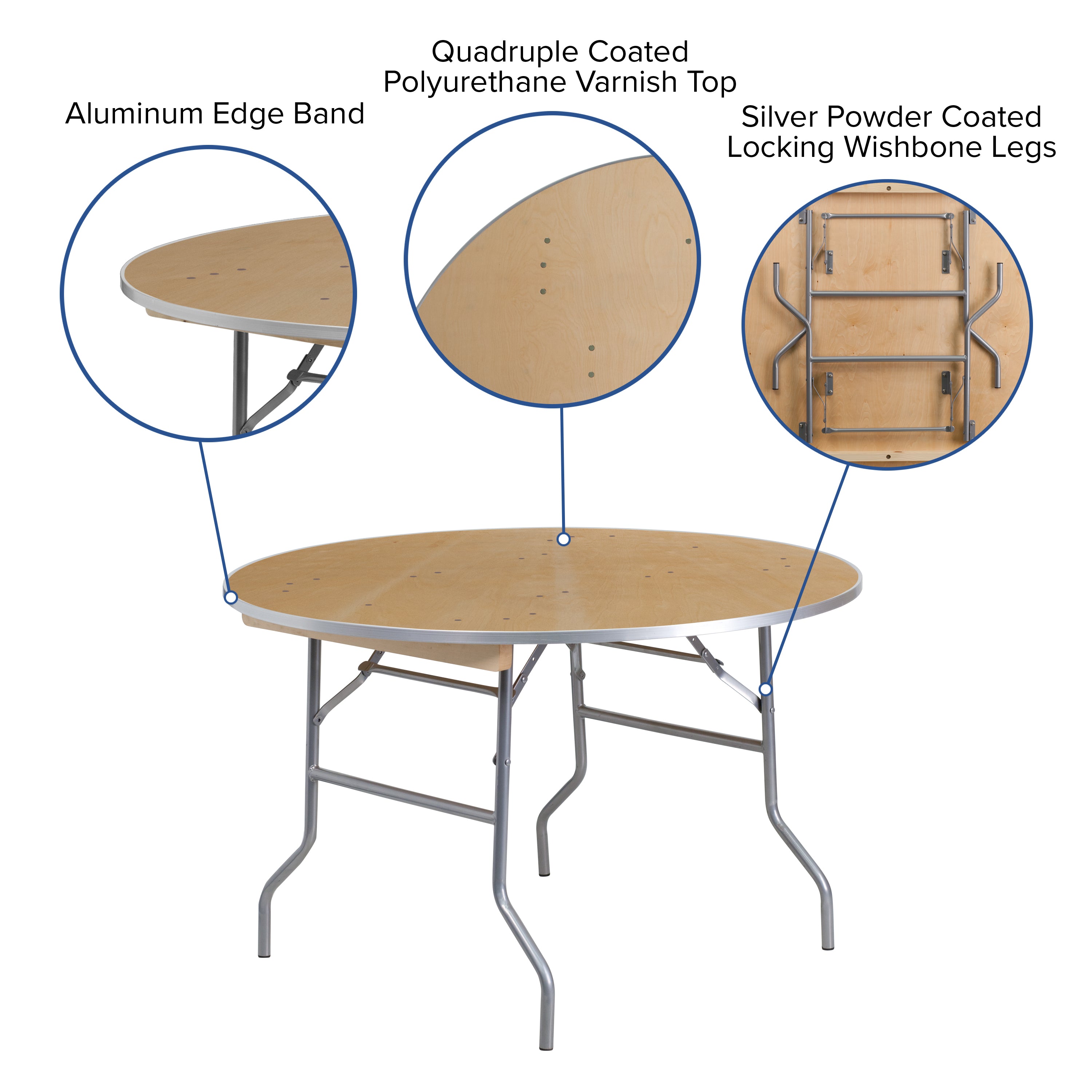 Fielder 4-Foot Round HEAVY DUTY Birchwood Folding Banquet Table with METAL Edges