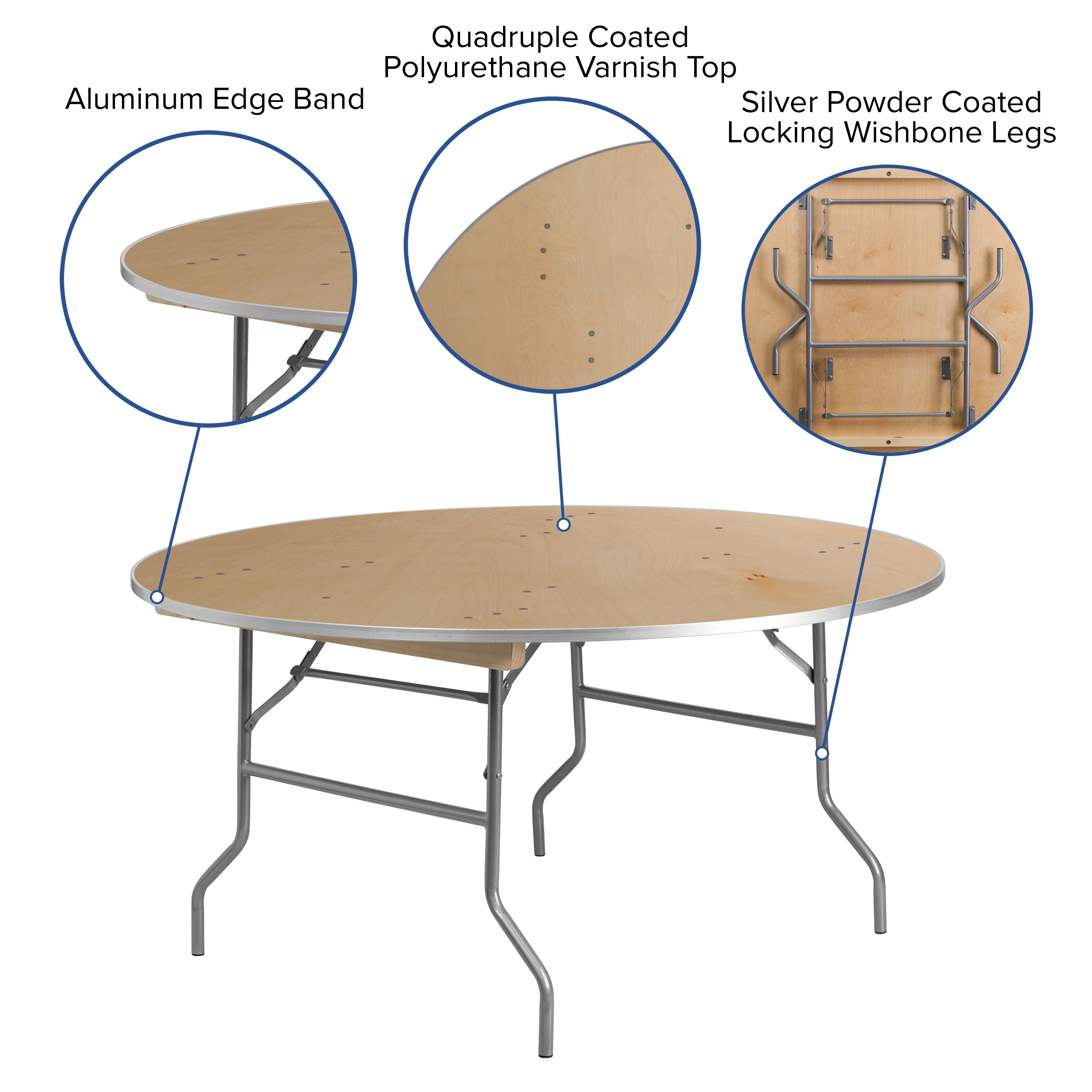 Fielder 5-Foot Round HEAVY DUTY Birchwood Folding Banquet Table with METAL Edges