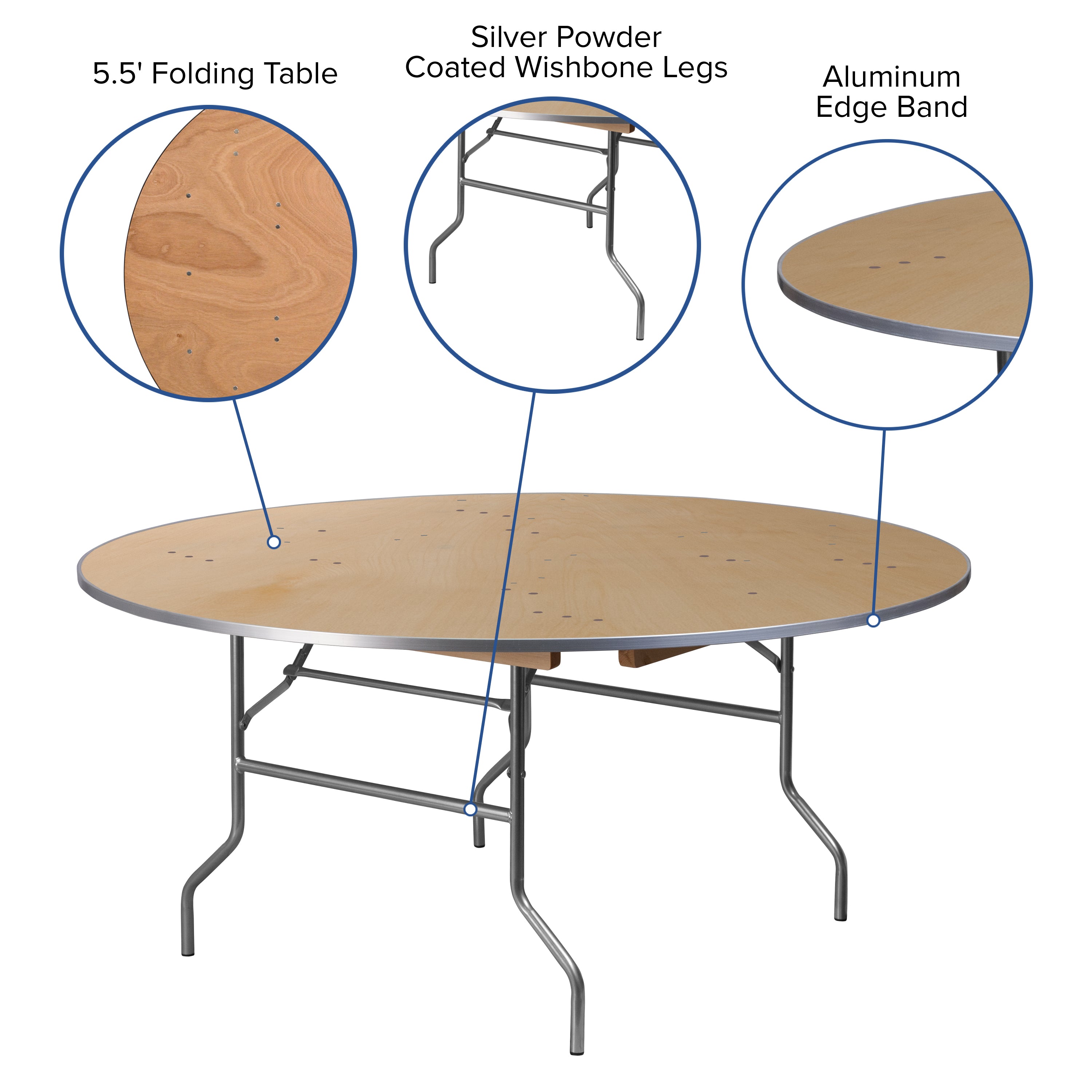Fielder 5.5-Foot Round HEAVY DUTY Birchwood Folding Banquet Table with METAL Edges