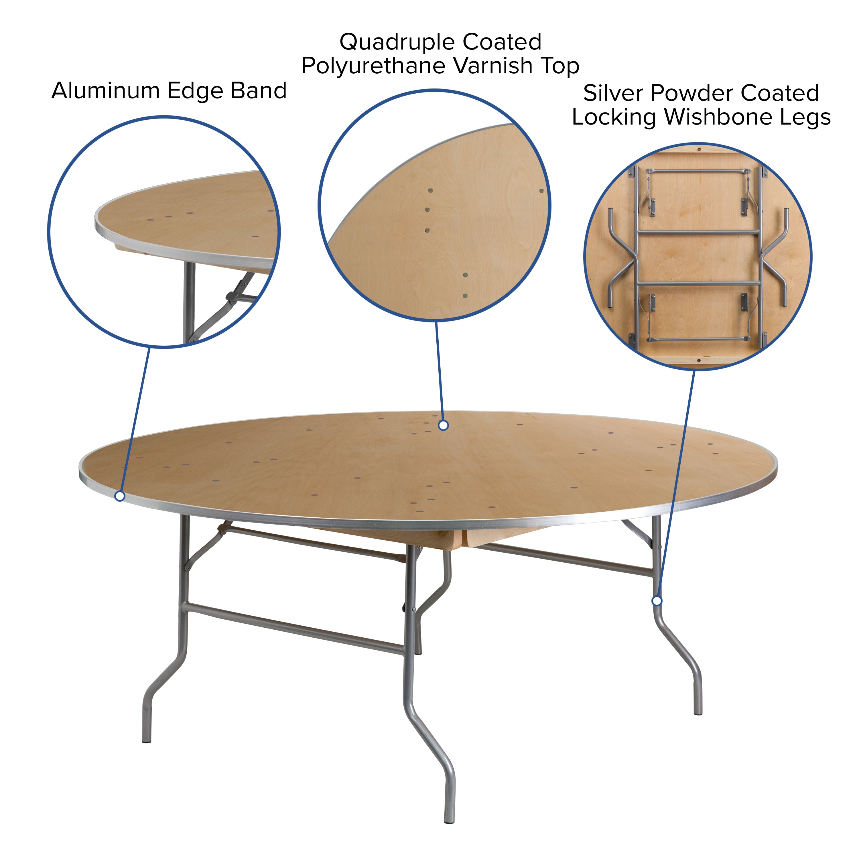 Fielder 6-Foot Round HEAVY DUTY Birchwood Folding Banquet Table with METAL Edges