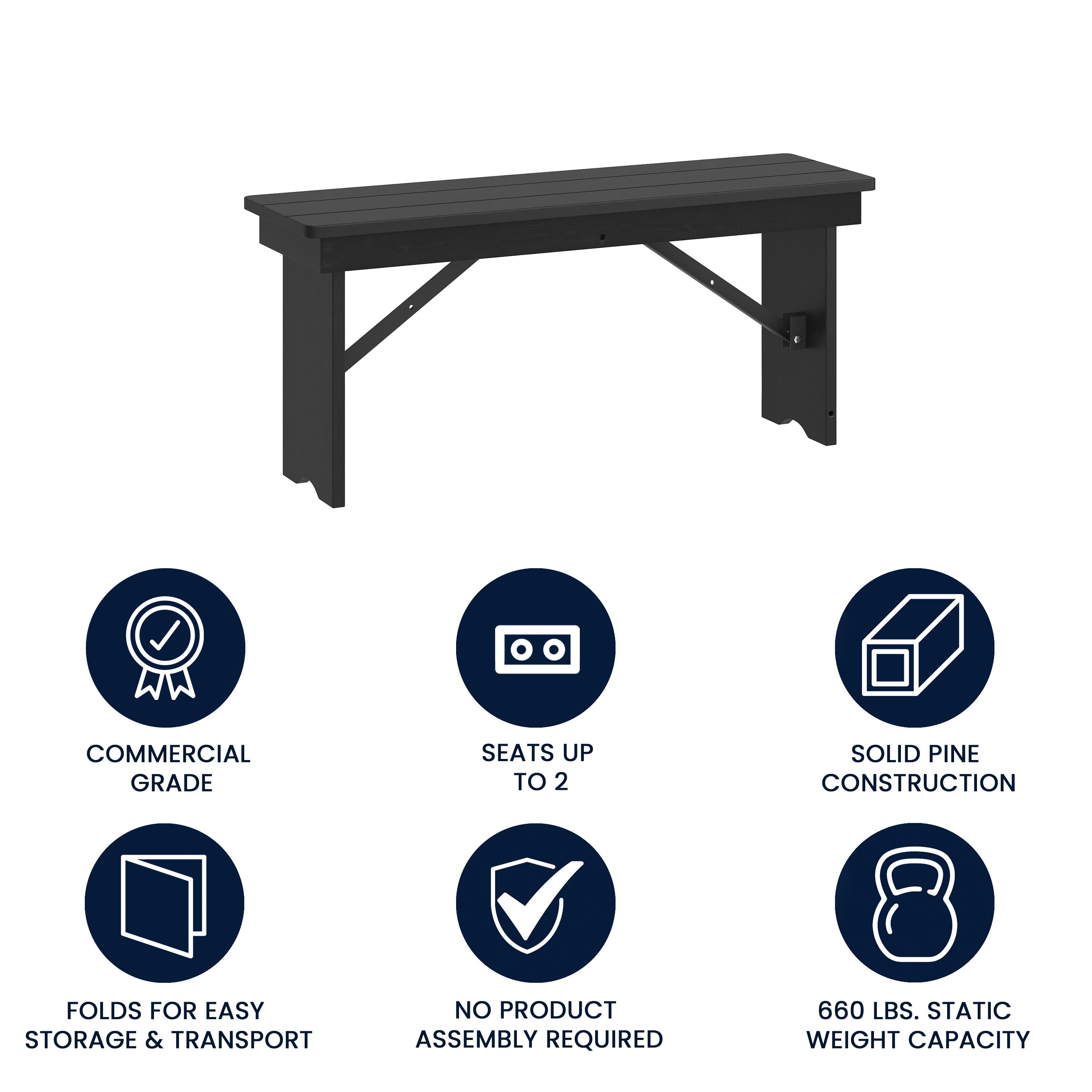 HERCULES 40" x 12" Black Wash Commercial Antique Solid Pine Farmhouse Folding Bench with Foldable Locking Legs
