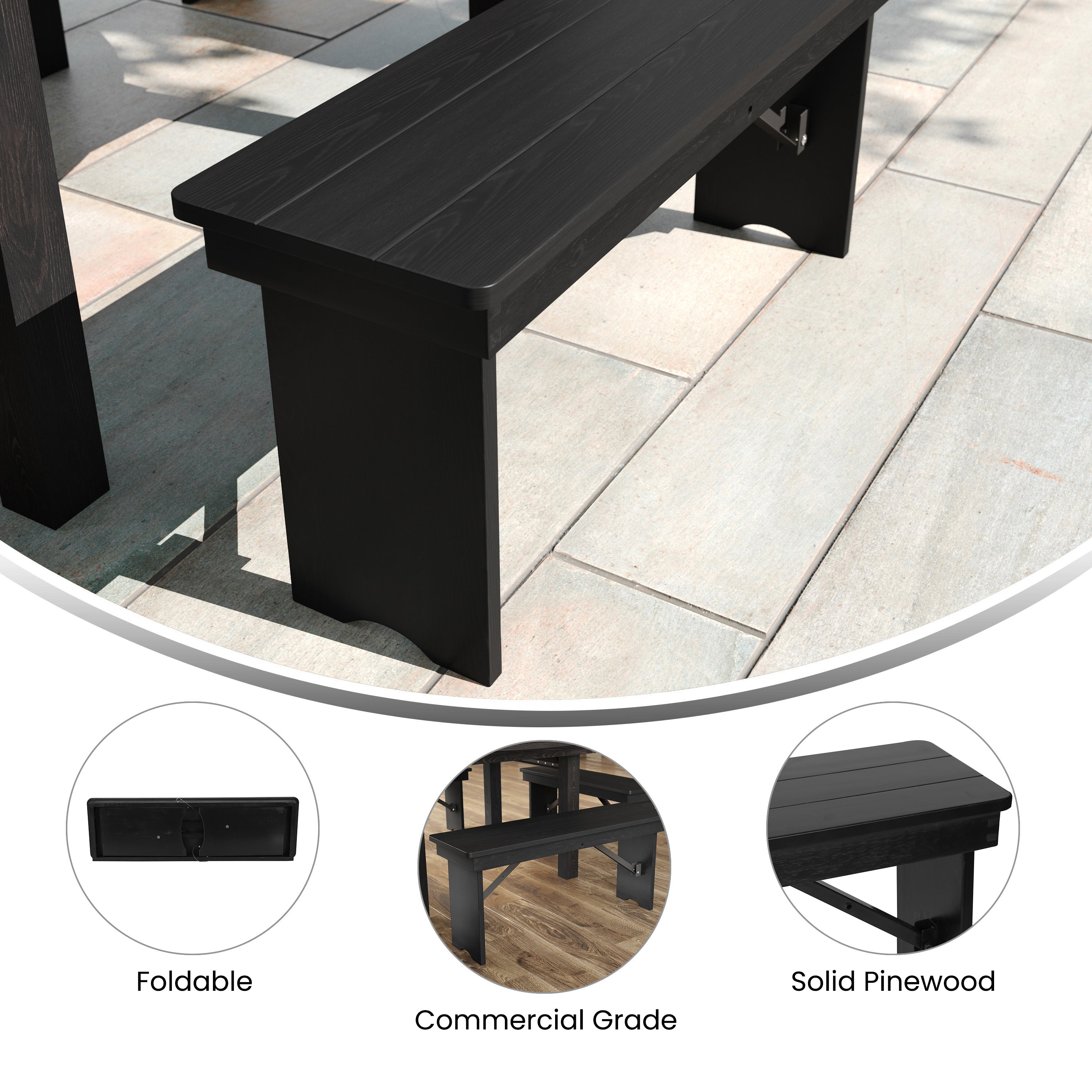 HERCULES 40" x 12" Black Wash Commercial Antique Solid Pine Farmhouse Folding Bench with Foldable Locking Legs