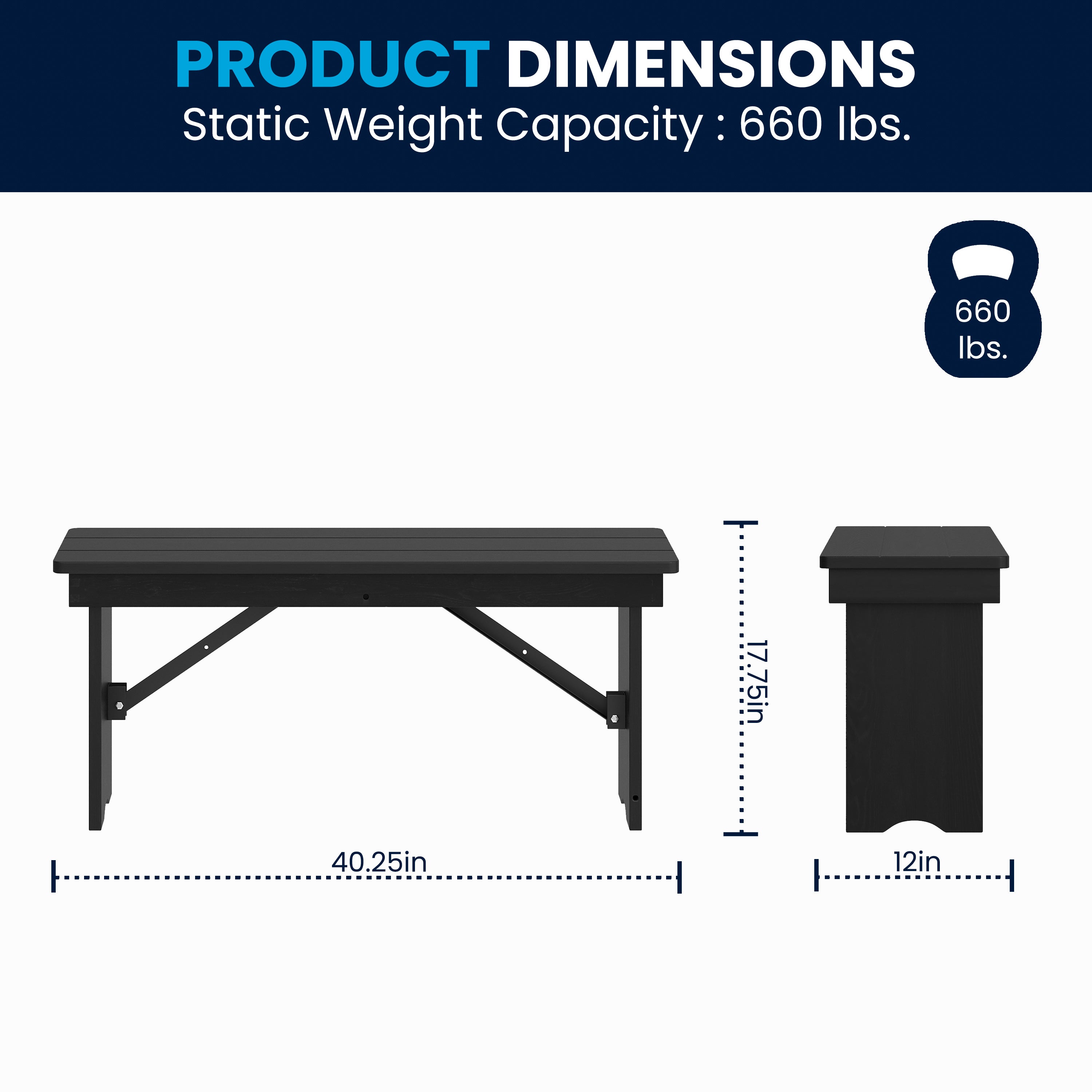 HERCULES 40" x 12" Black Wash Commercial Antique Solid Pine Farmhouse Folding Bench with Foldable Locking Legs
