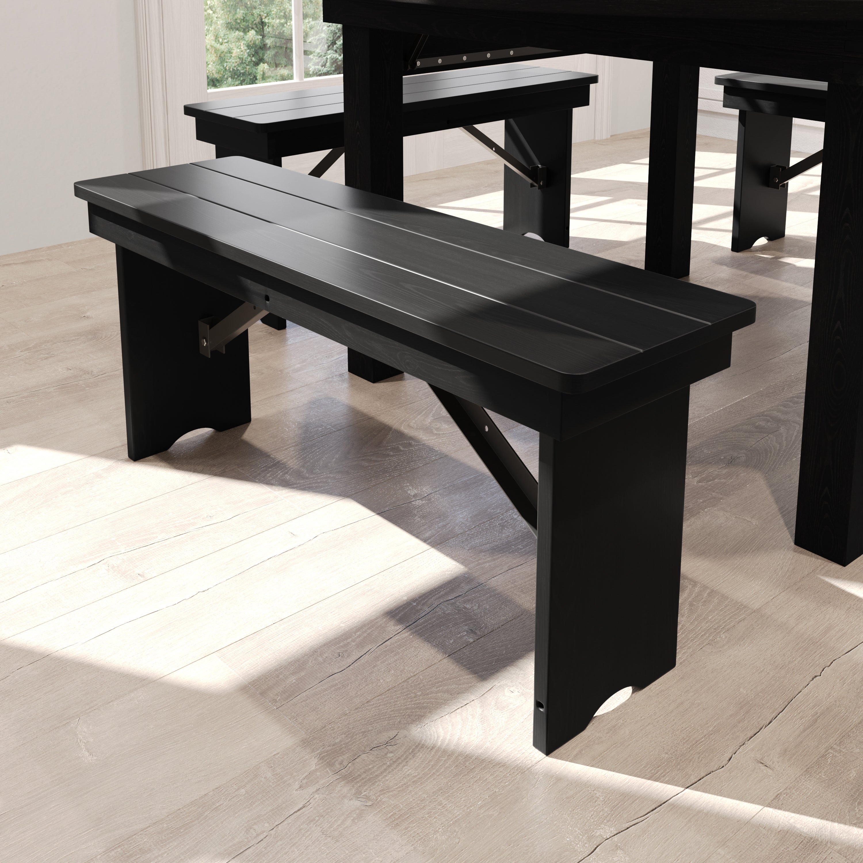 HERCULES 40" x 12" Black Wash Commercial Antique Solid Pine Farmhouse Folding Bench with Foldable Locking Legs